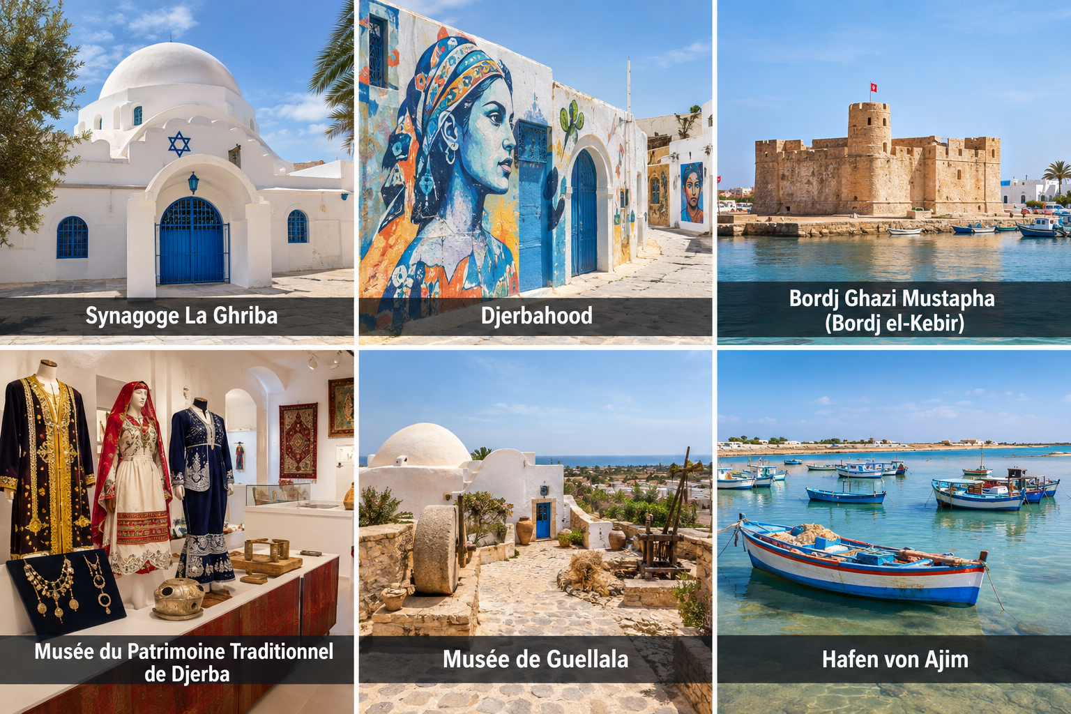 Bildcollage: Ausflüge ab Midoun auf Djerba