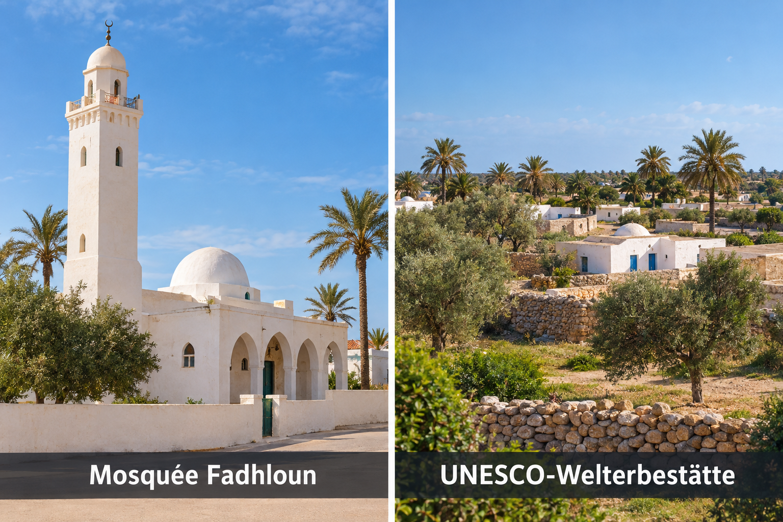 Bildcollage: Kultur, UNESCO-Welterbe und Siedlungslandschaft in Midoun