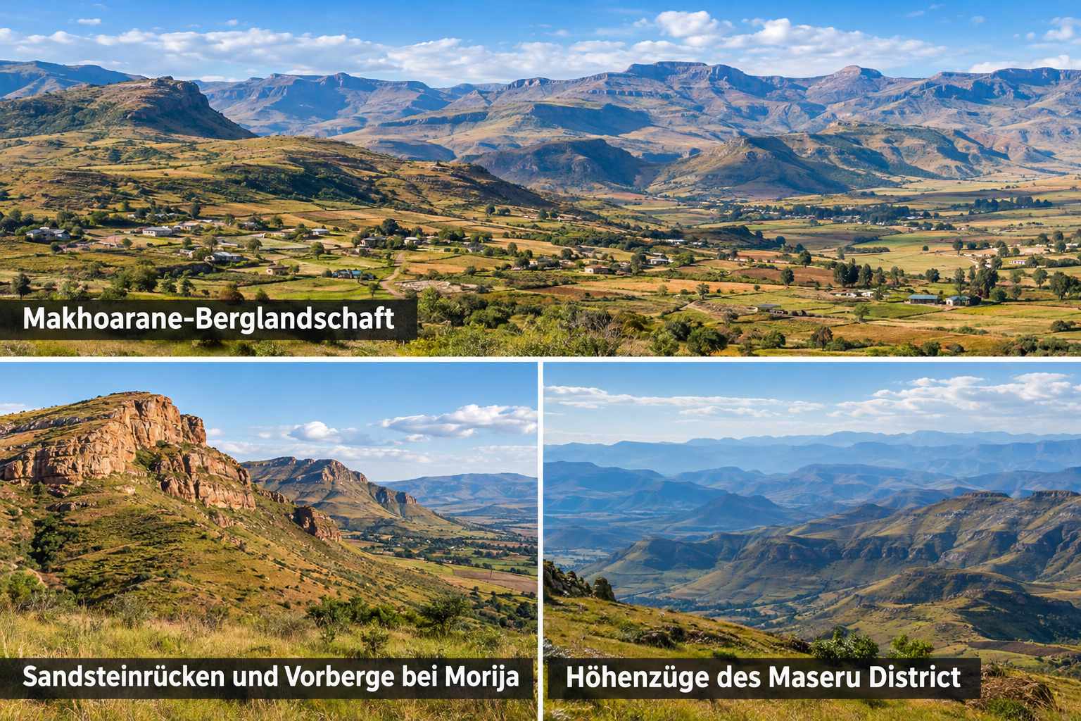 Bildcollage: Wandern in der Makhoarane-Berglandschaft in Morija