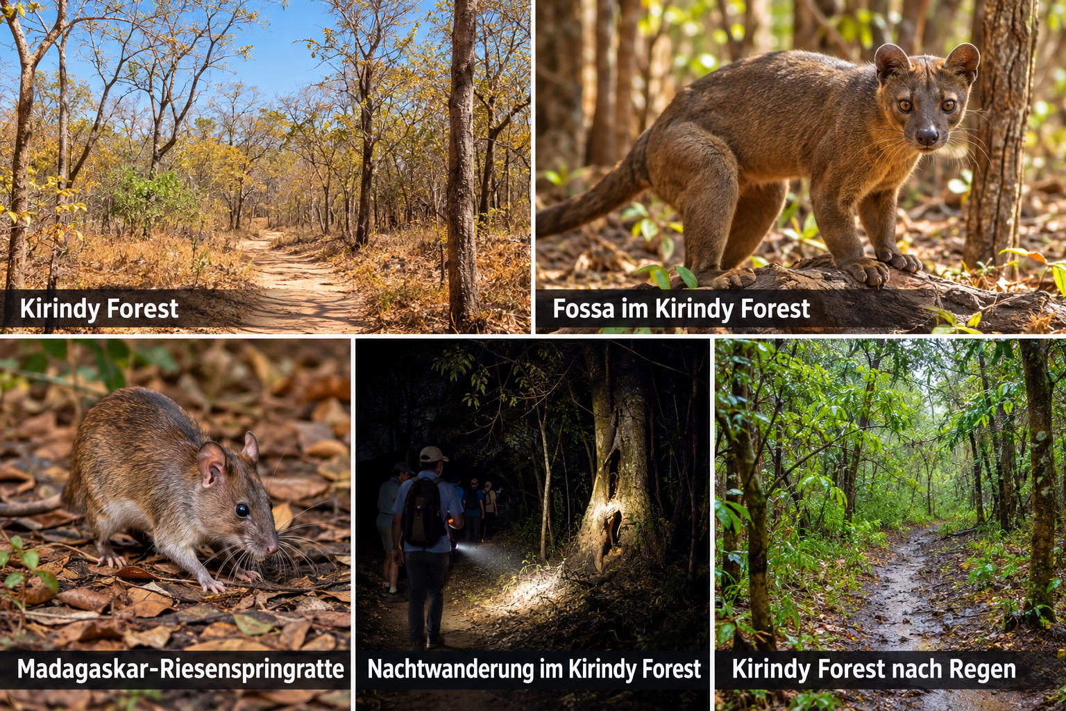 Bildcollage: Kirindy Forest: Trockenwald, Fossas und Nachtwanderungen in Morondava