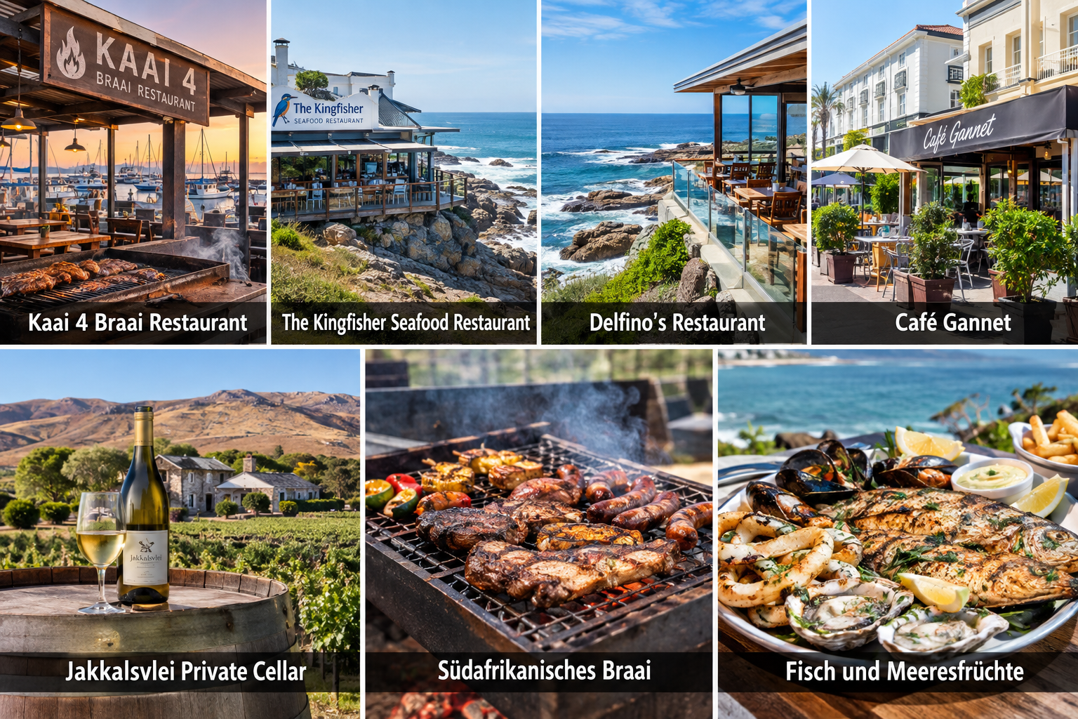 Bildcollage: Essen, Restaurants und Wein in Mossel Bay