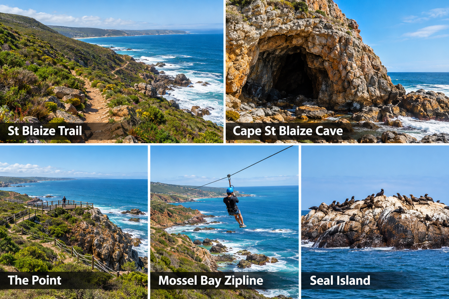 Bildcollage: Wandern und besondere Küstenerlebnisse in Mossel Bay