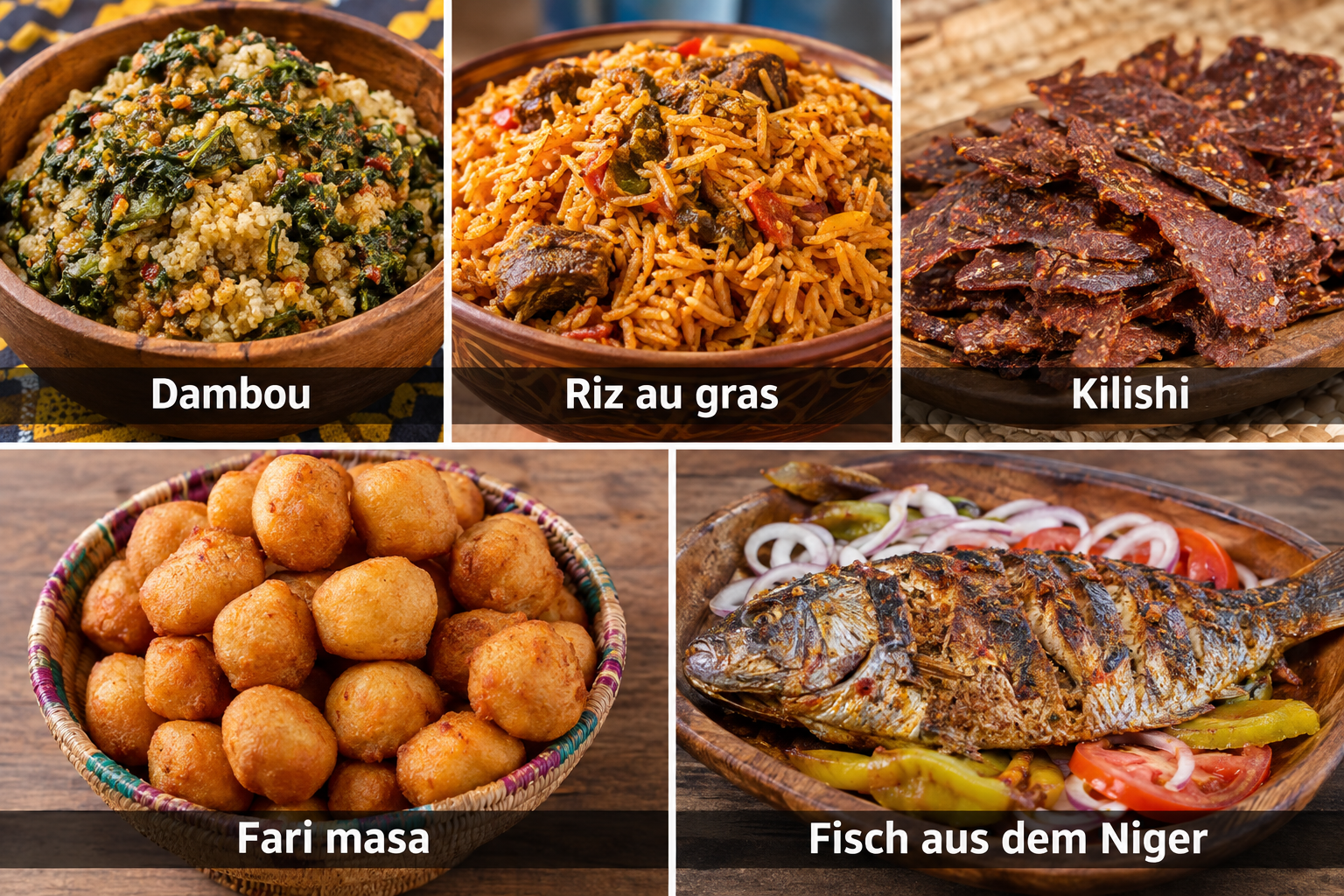 Bildcollage: Essen und Spezialitäten in Niamey