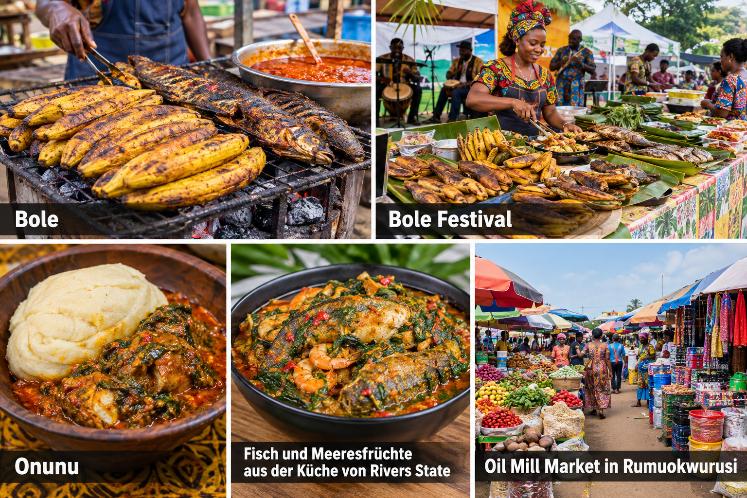 Bildcollage: Essen, Märkte und Festivals in Port Harcourt