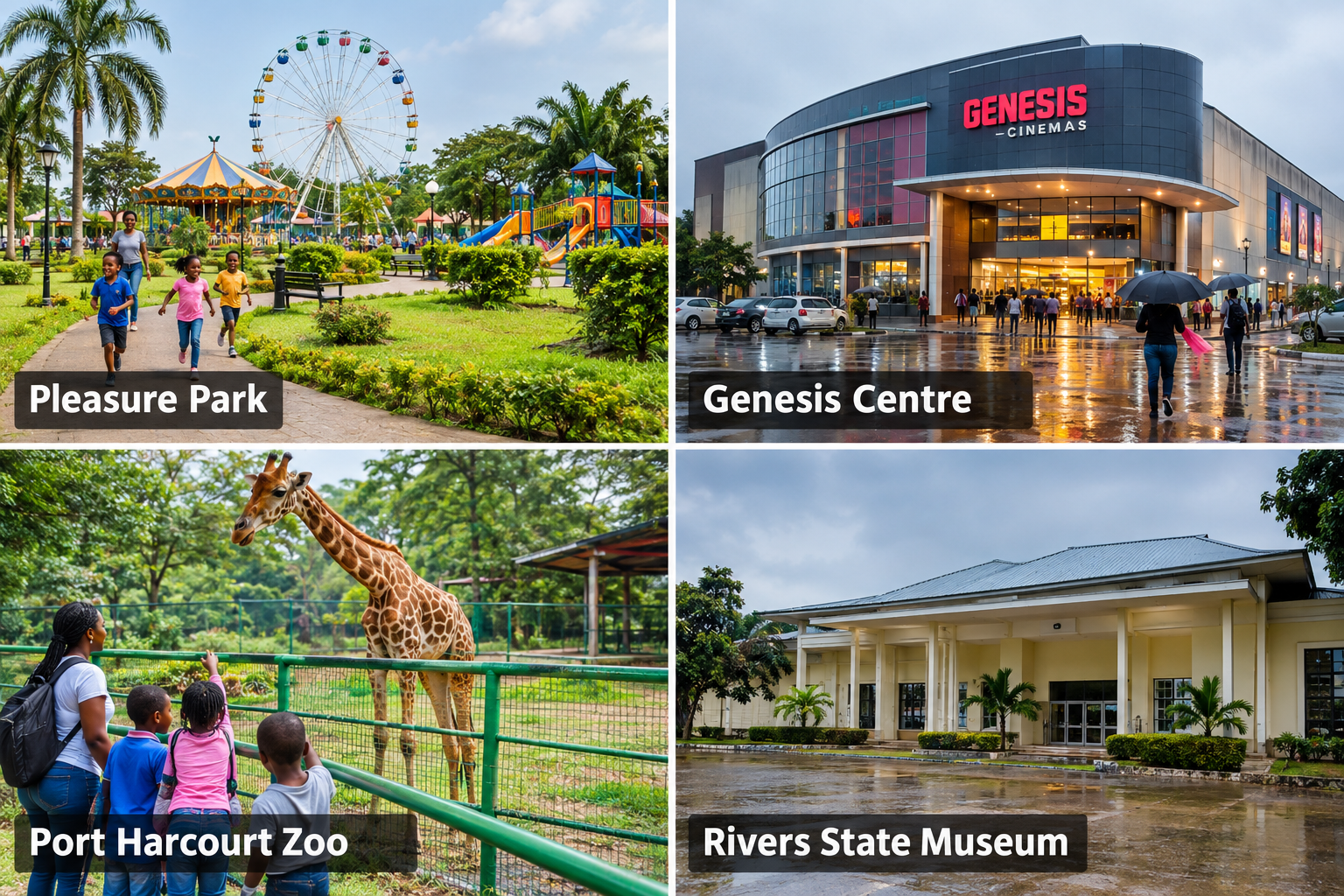 Bildcollage: Port Harcourt mit Kindern und bei Regen