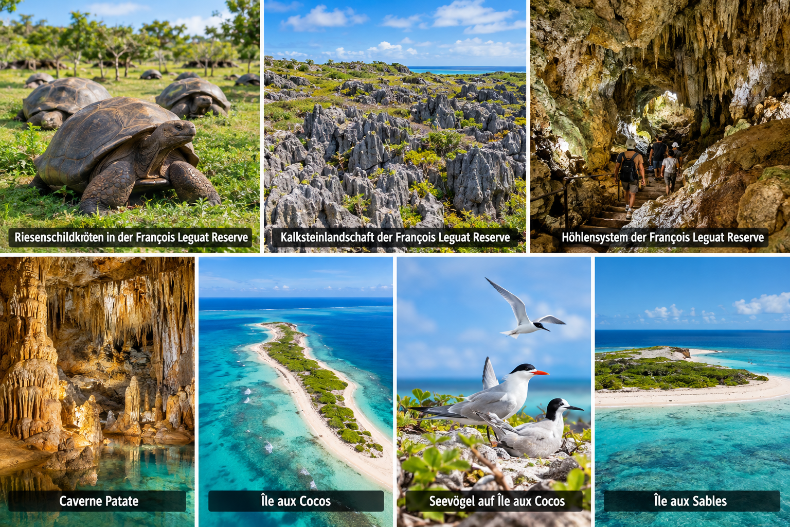 Bildcollage: Schildkröten, Höhlen und Vogelinseln in Port Mathurin
