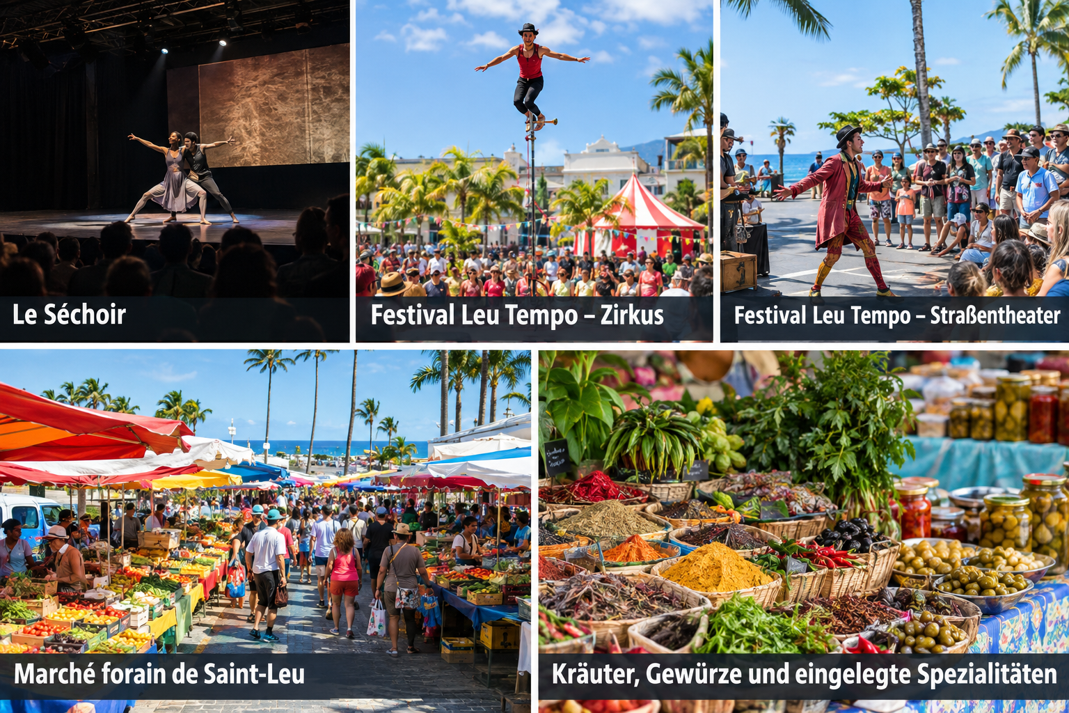 Bildcollage: Kultur, Markt und Veranstaltungen in Saint-Leu
