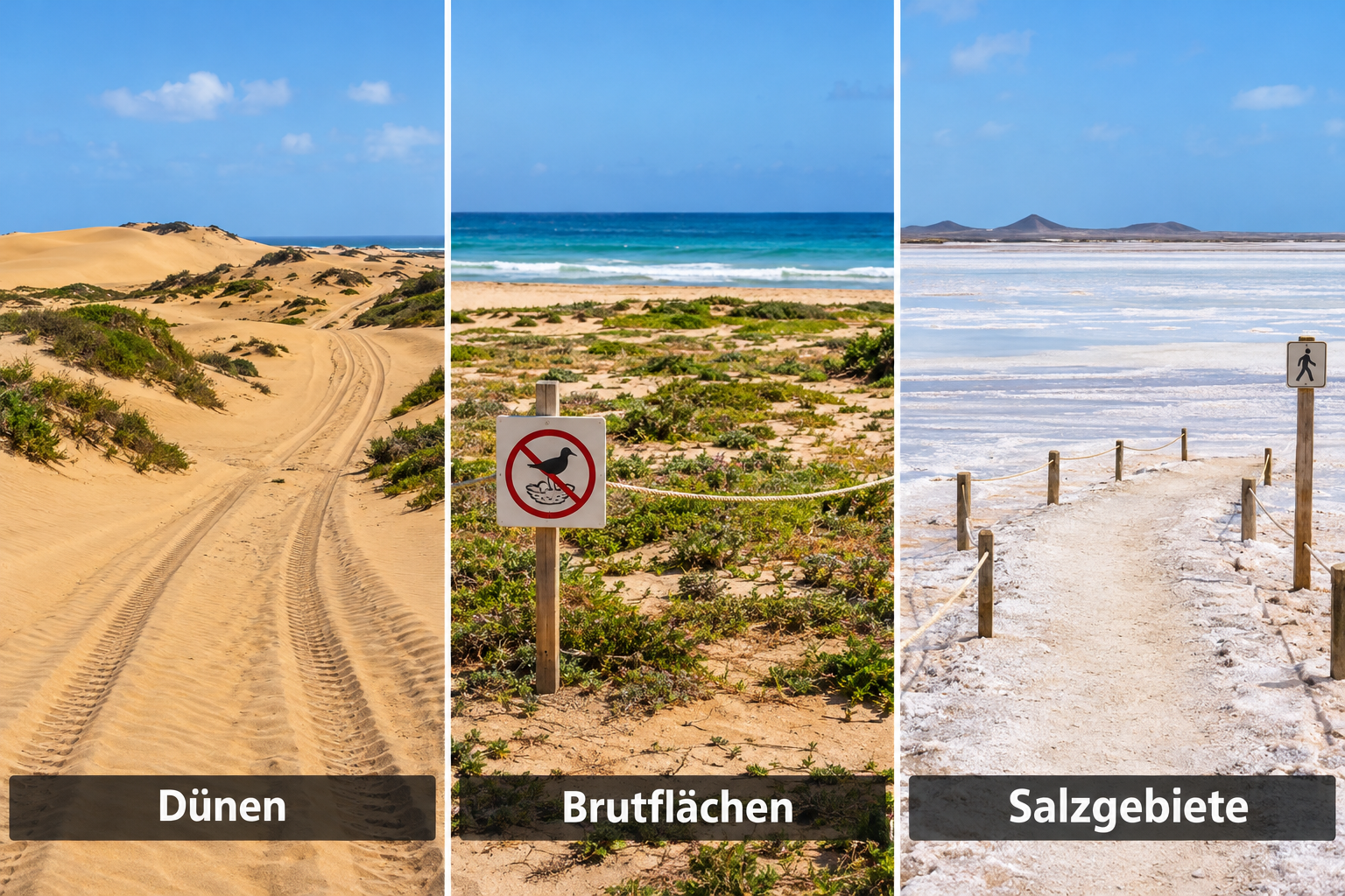 Bildcollage: Praktische Sicherheits- und Naturschutzhinweise in Sal Rei