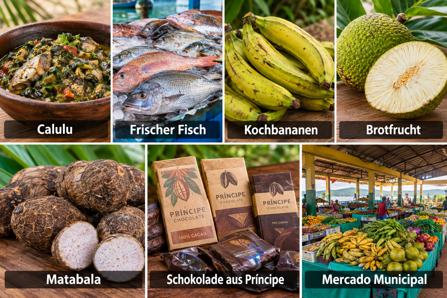 Bildcollage: Essen, Kakao und Einkaufen in Santo António