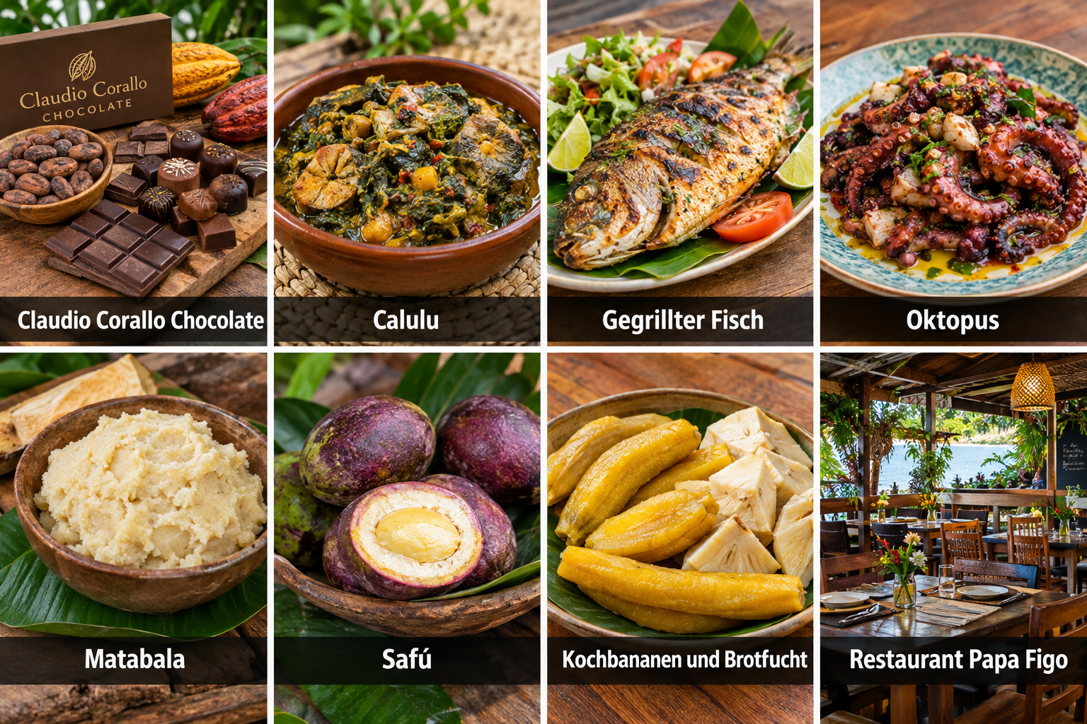 Bildcollage: Kakao, Küche und Restaurants in São Tomé
