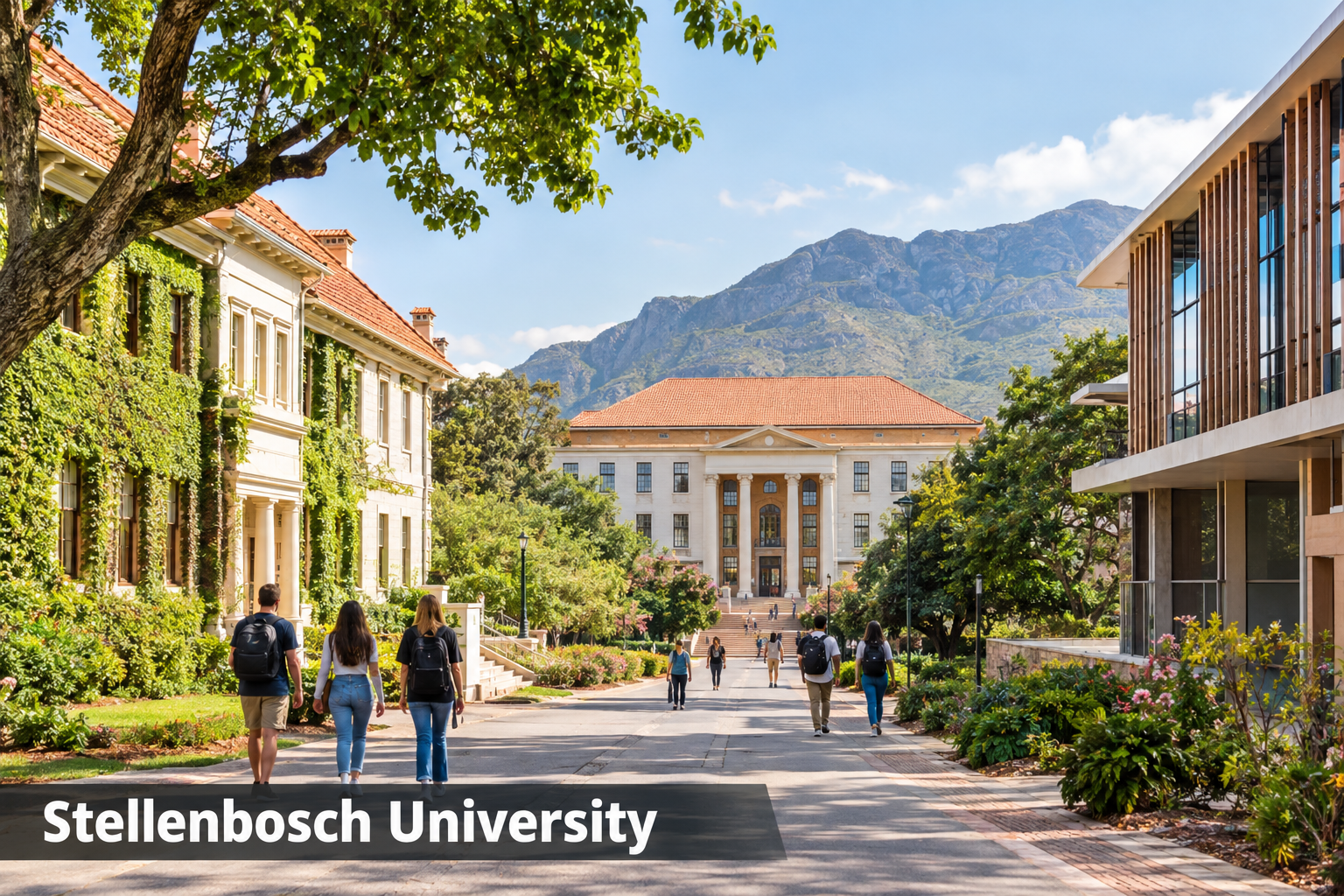Bildcollage: Geschichte, Universität und gesellschaftlicher Wandel in Stellenbosch