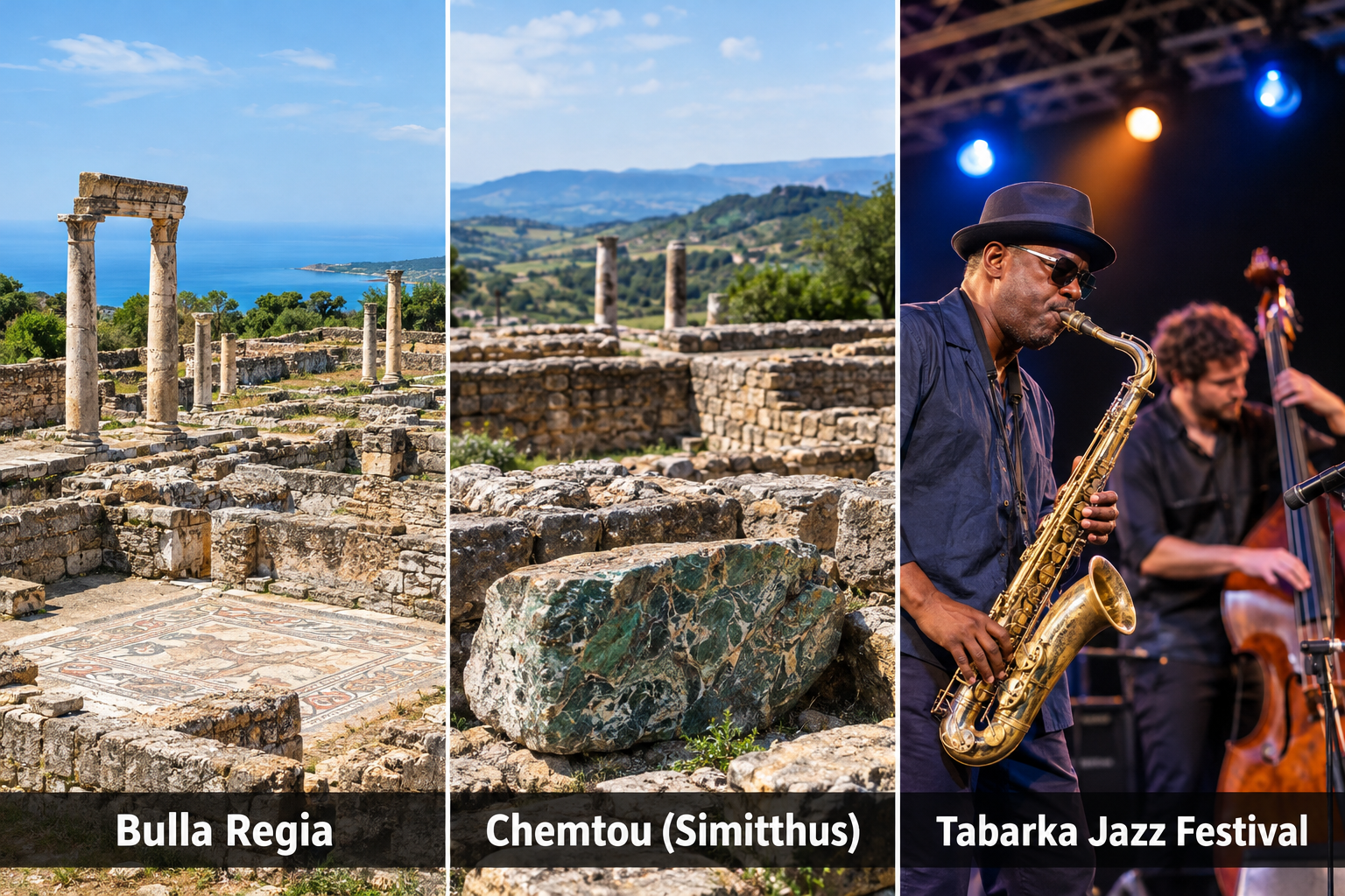 Bildcollage: Geschichte und Kultur von Thabraca bis zum Jazz in Tabarka