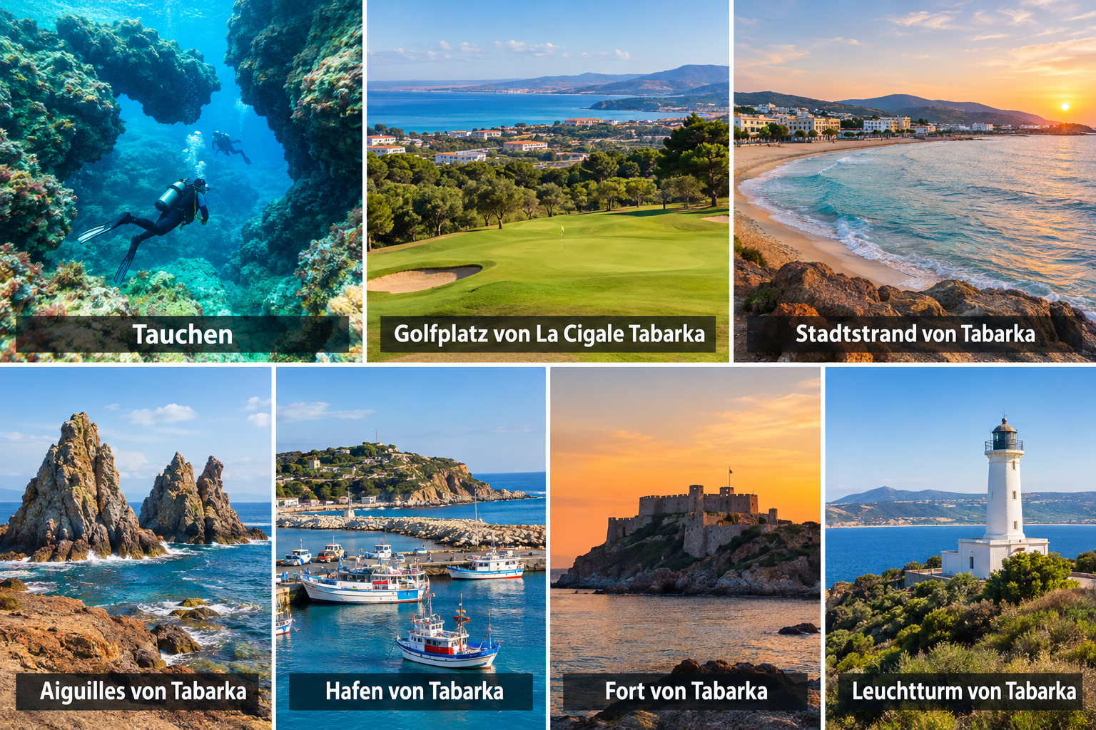 Bildcollage: Tauchen, Golf und besondere Erlebnisse in Tabarka