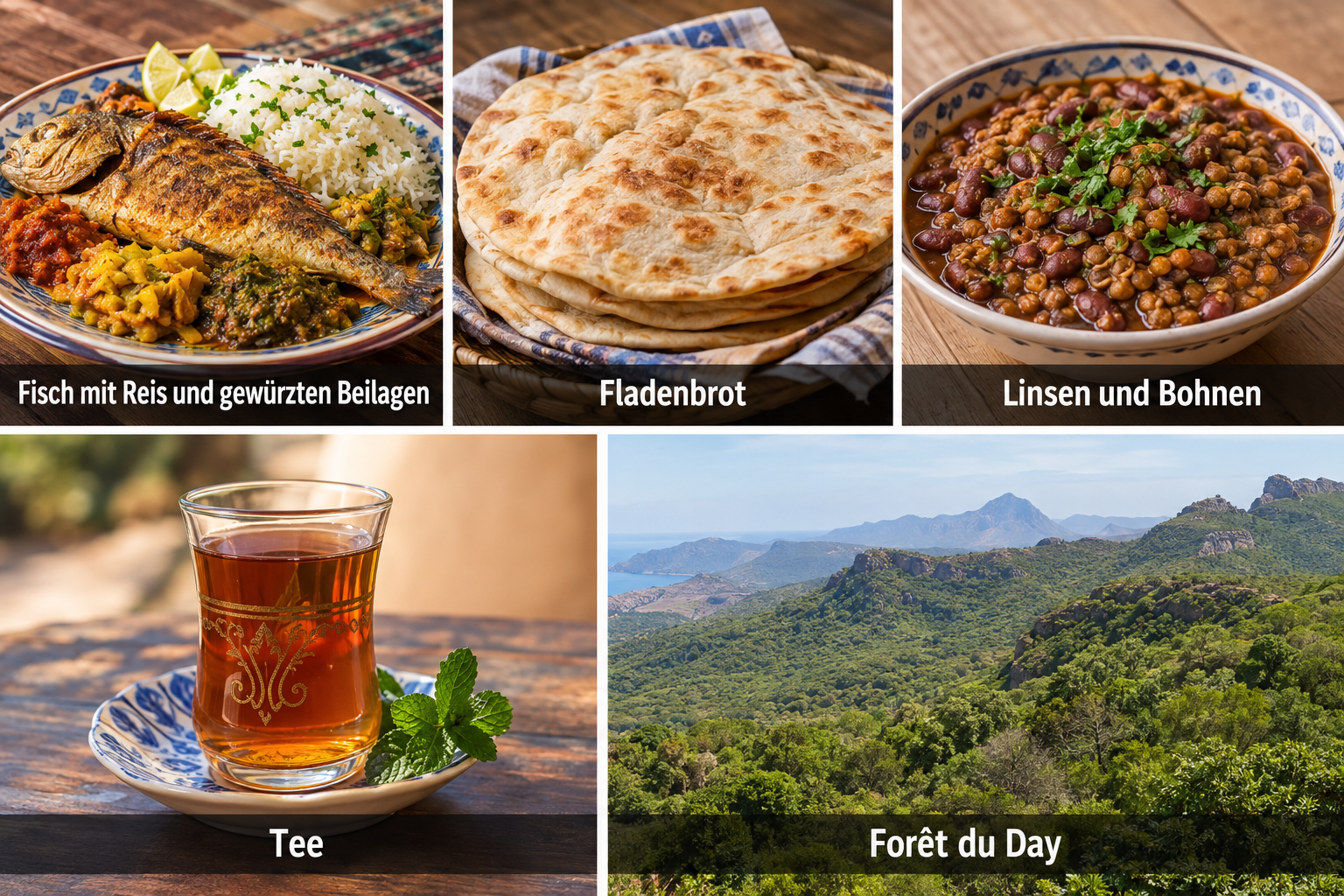 Bildcollage: Essen und Übernachten in Tadjoura