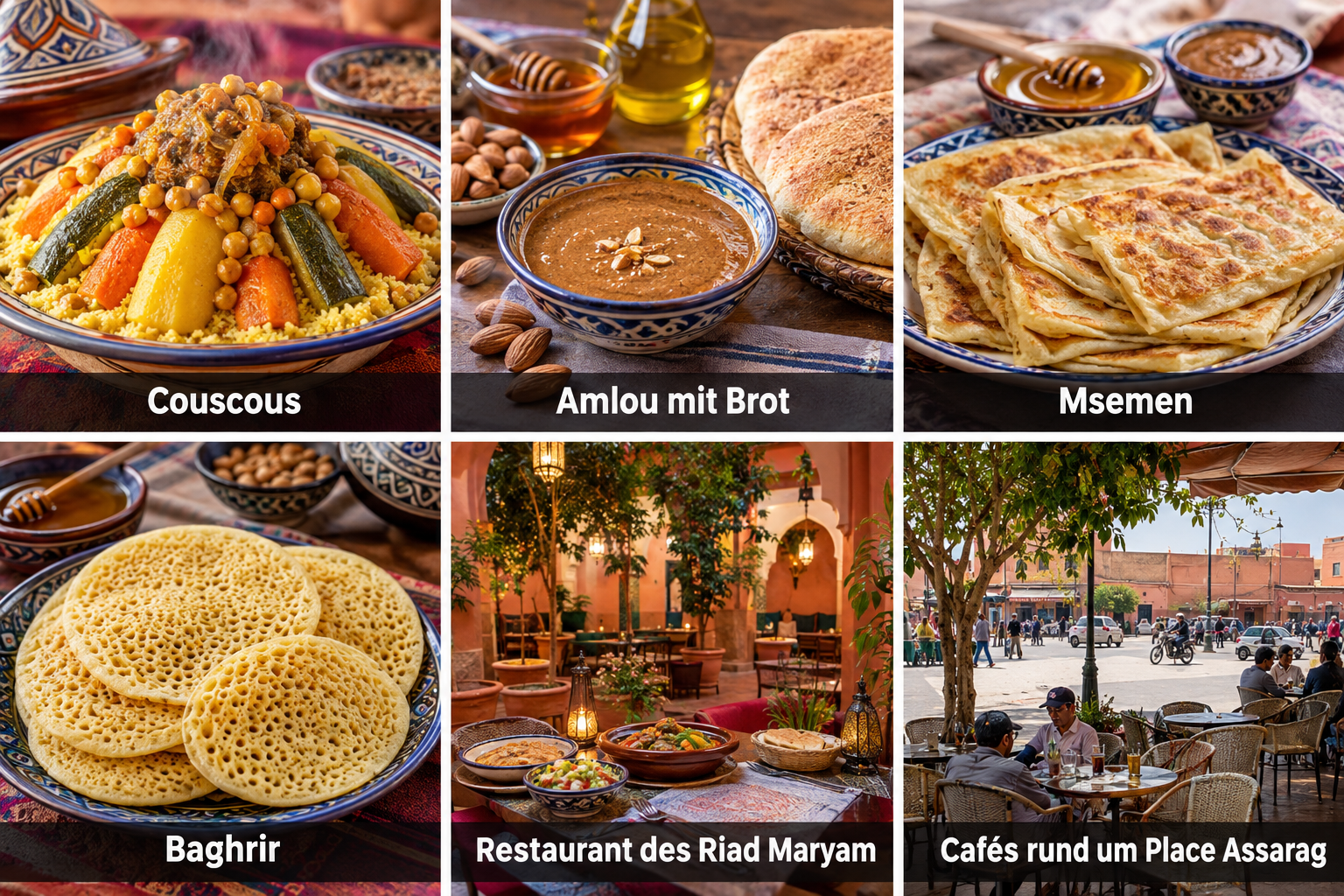 Bildcollage: Essen und regionale Spezialitäten in Taroudant
