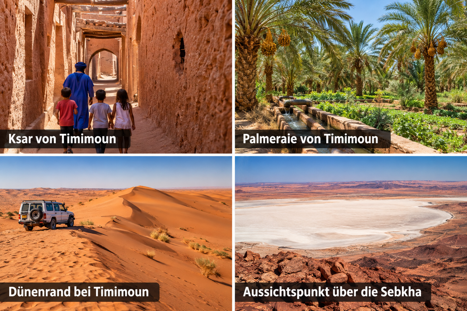 Bildcollage: Timimoun mit Kindern: Wüste in kurzen Etappen