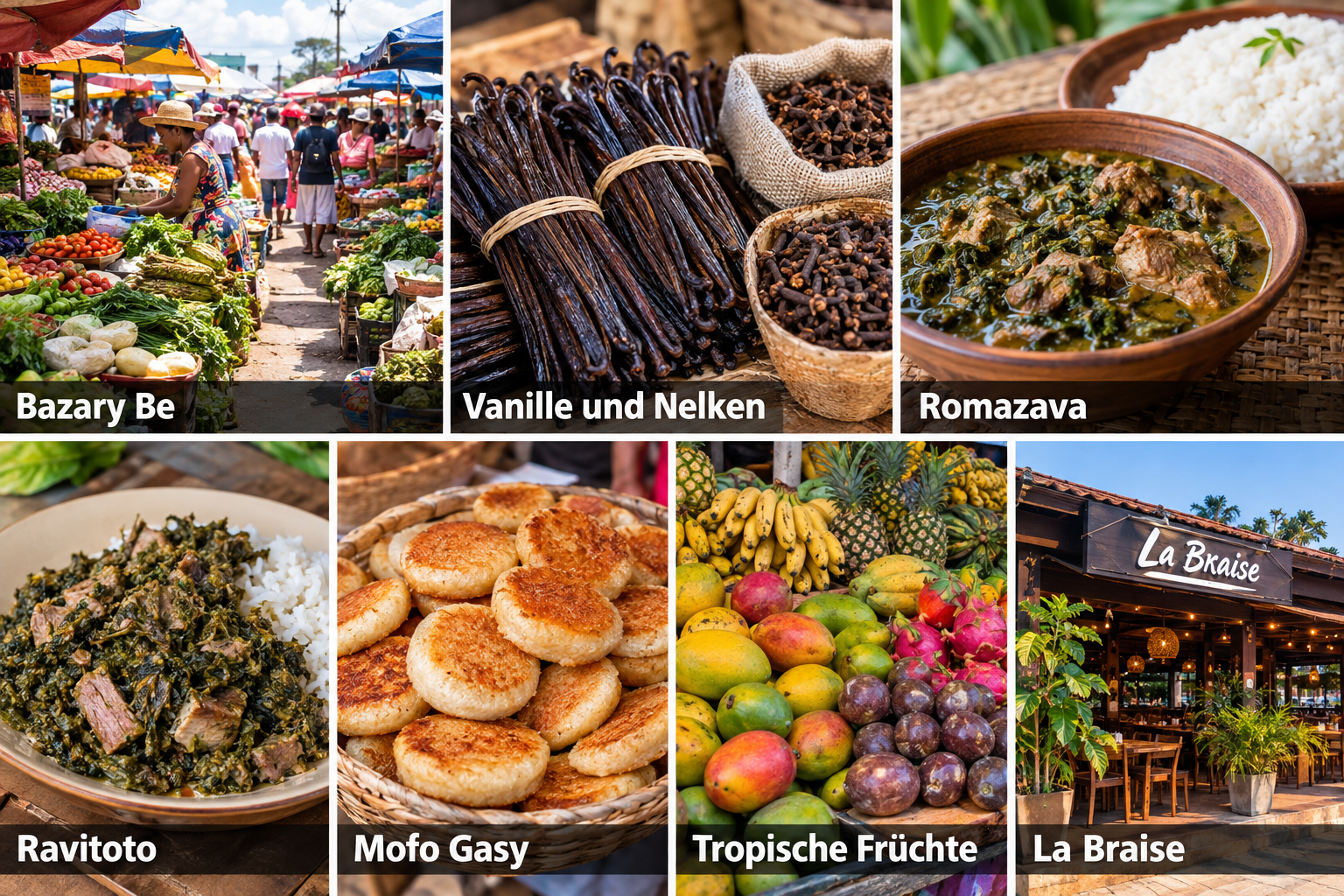 Bildcollage: Shopping und Essen in Toamasina