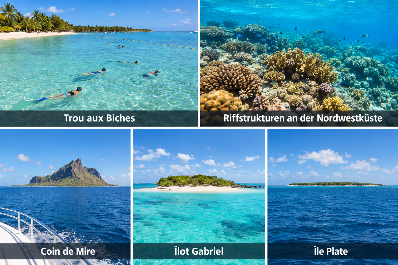 Bildcollage: Schnorcheln, Tauchen und Aktivitäten auf dem Wasser in Trou aux Biches