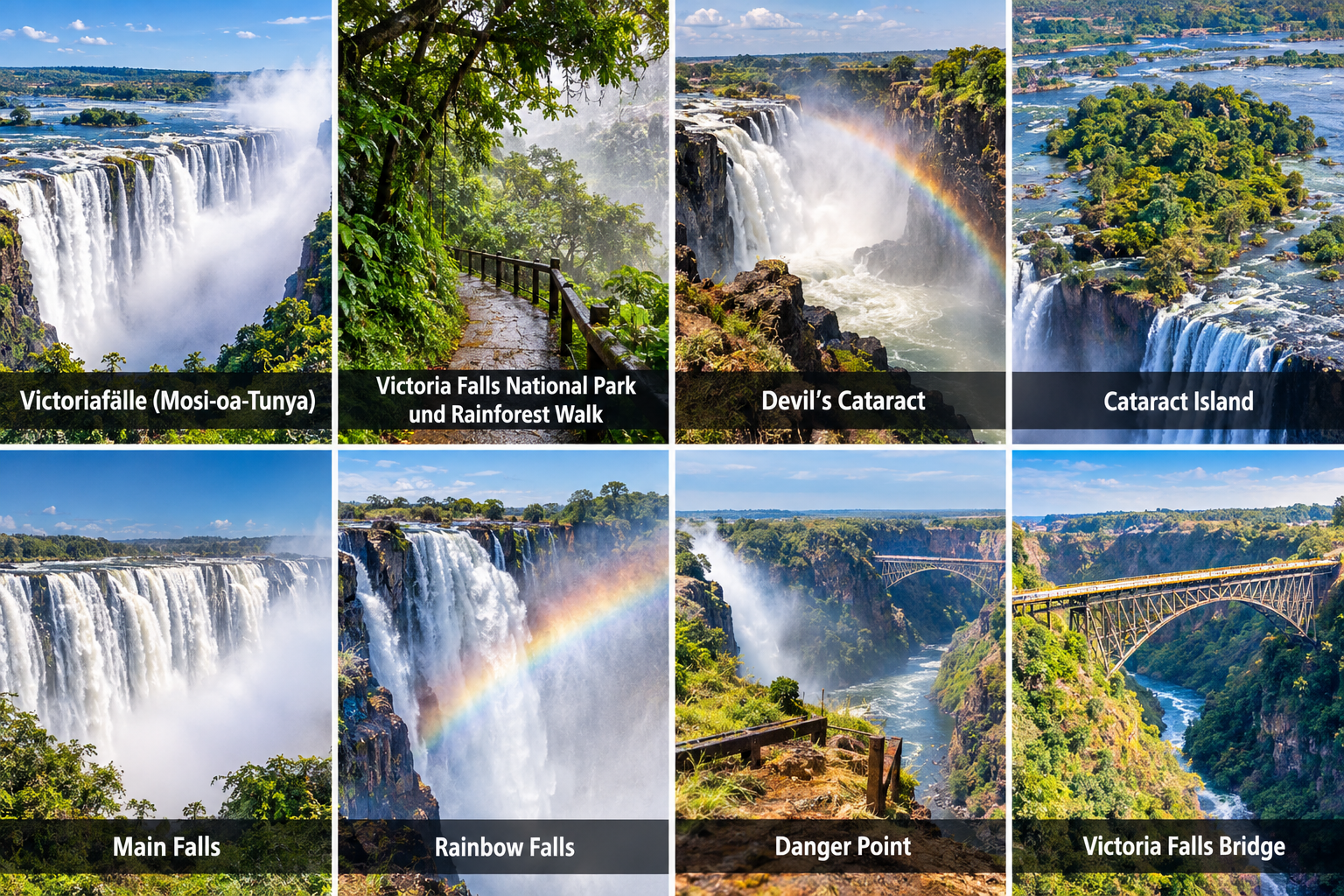 Bildcollage: Die schönsten Sehenswürdigkeiten in Victoria Falls