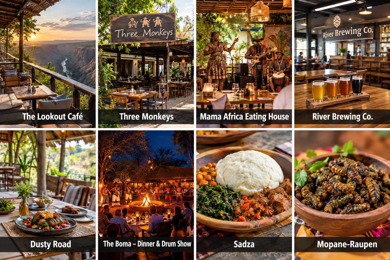 Bildcollage: Restaurants und Spezialitäten in Victoria Falls