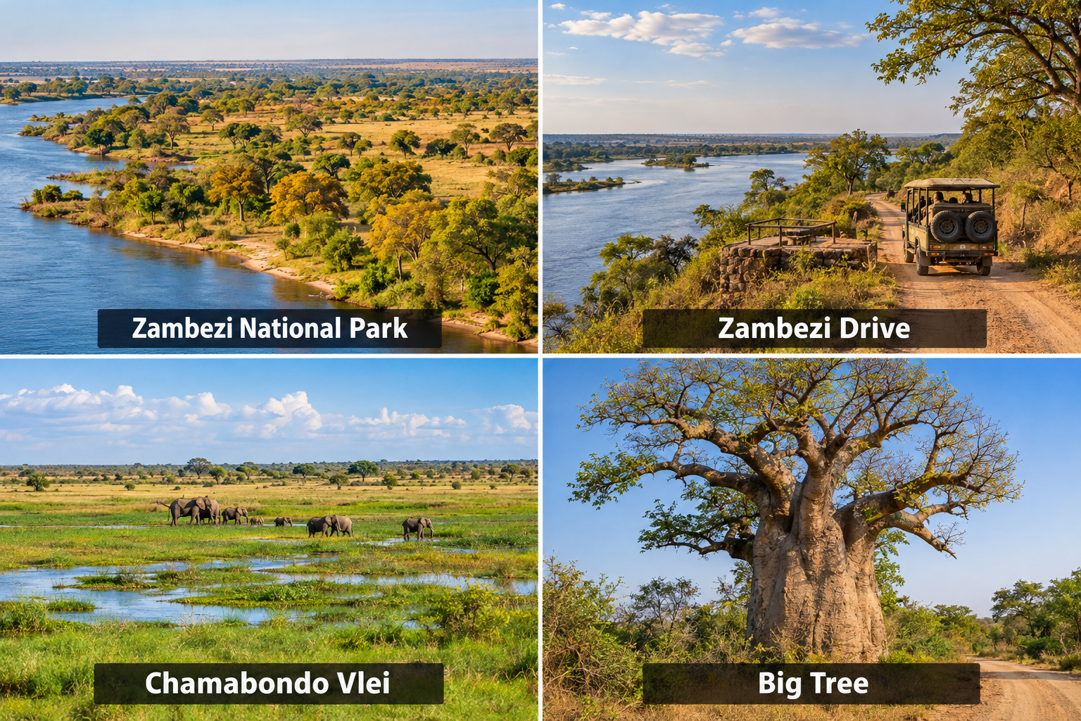 Bildcollage: Safari rund um Victoria Falls