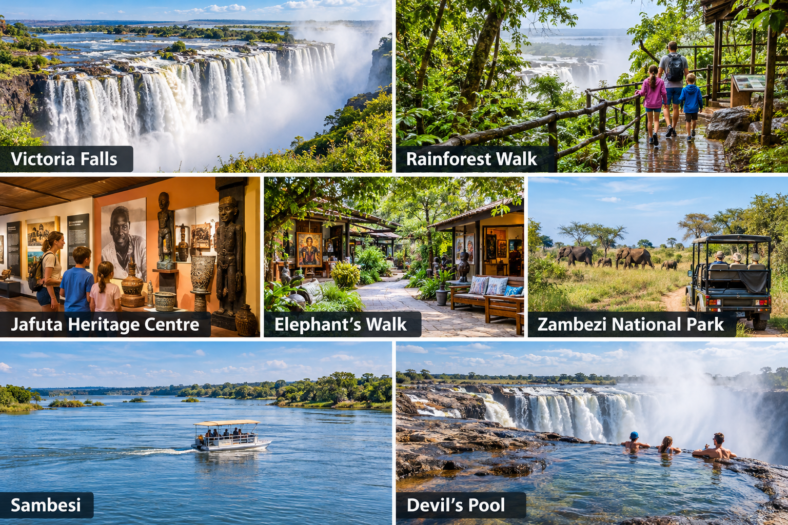 Bildcollage: Victoria Falls mit Kindern: Ausflüge für Familien