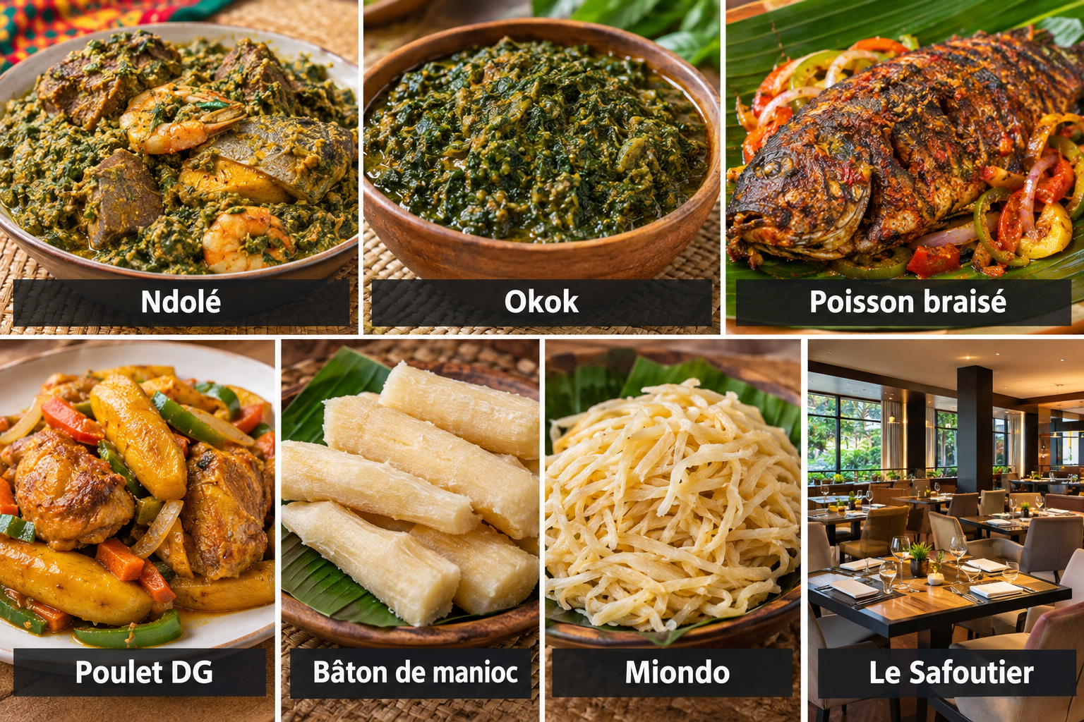 Bildcollage: Essen in Yaoundé: Spezialitäten und Restaurantviertel