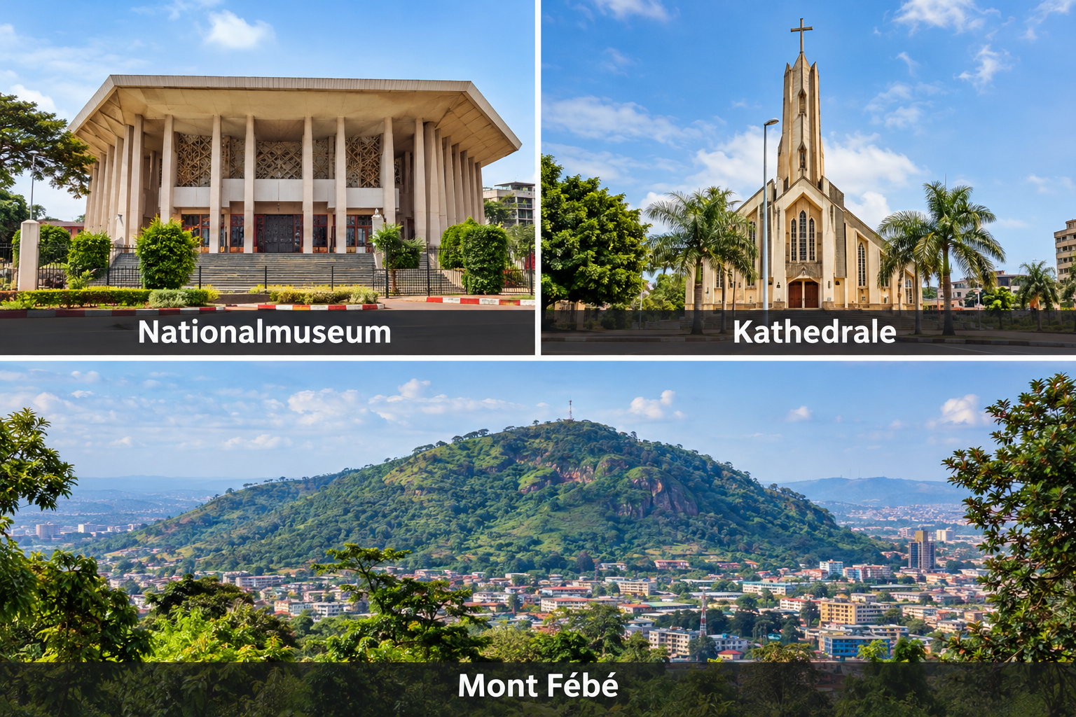 Bildcollage: Unterkünfte und geeignete Stadtteile in Yaoundé