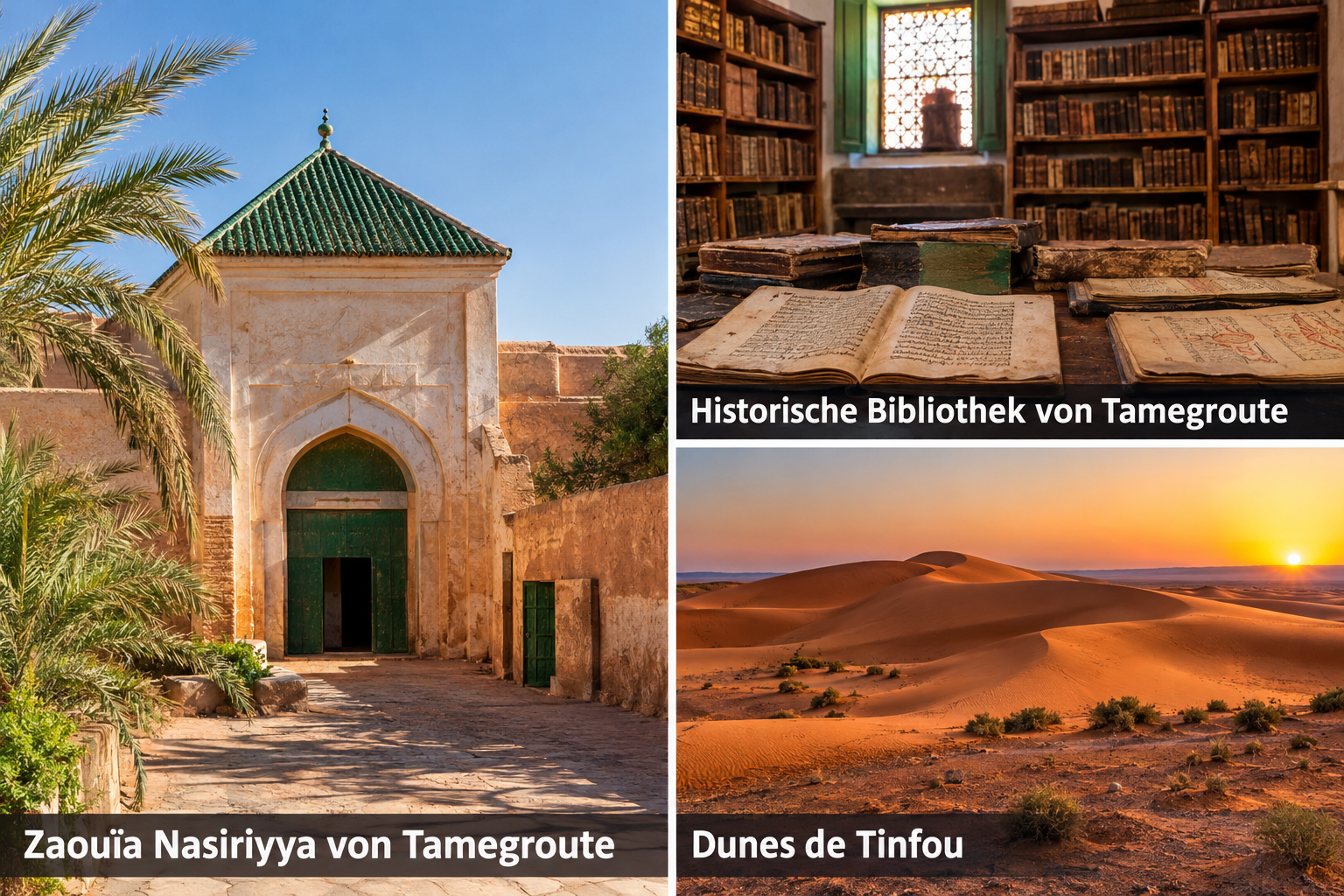 Bildcollage: Tamegroute und Tinfou: Kultur und erste Dünen in Zagora