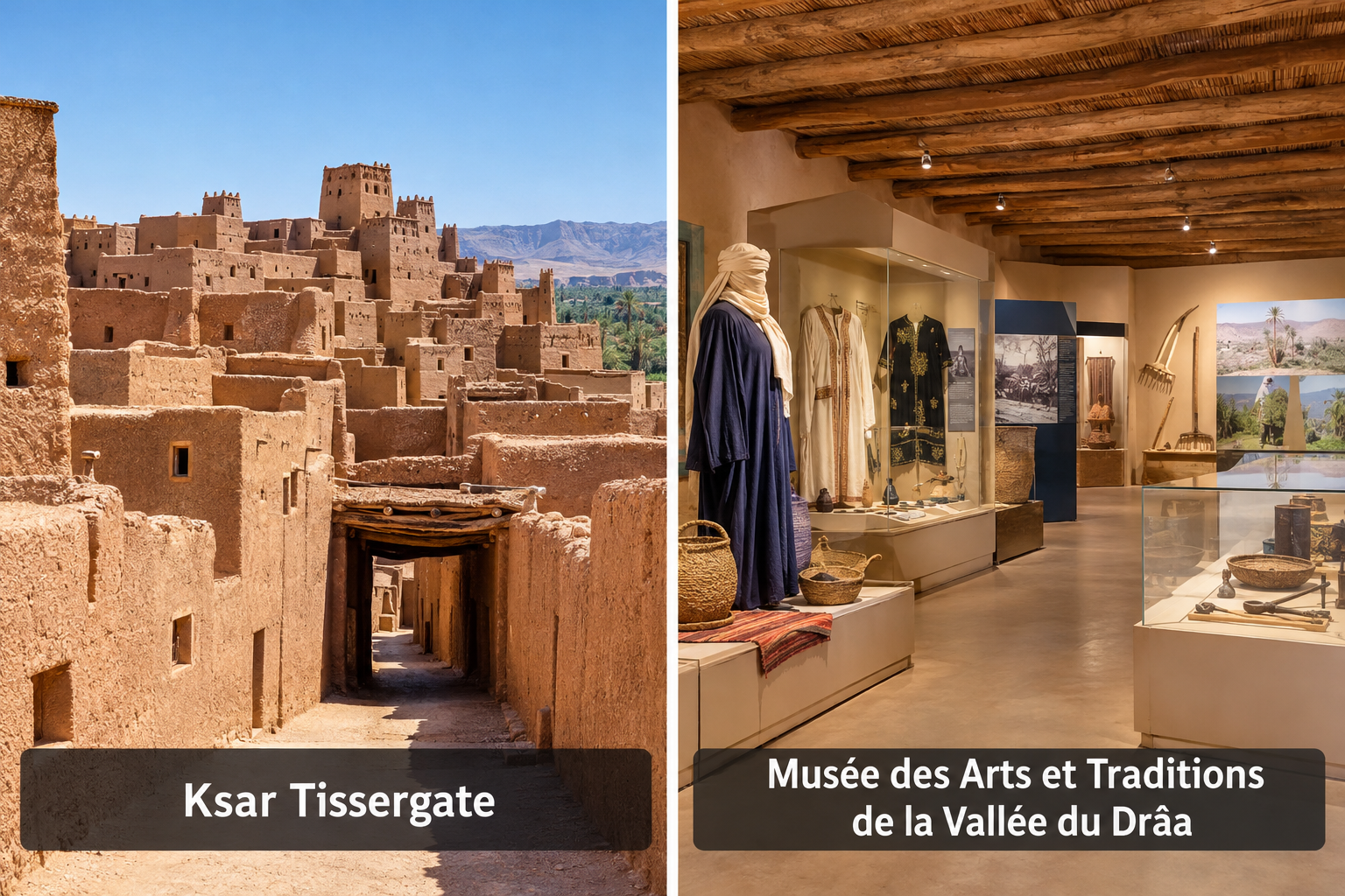 Bildcollage: Tissergate: Lehmdorf und Museum des Drâa-Tals in Zagora