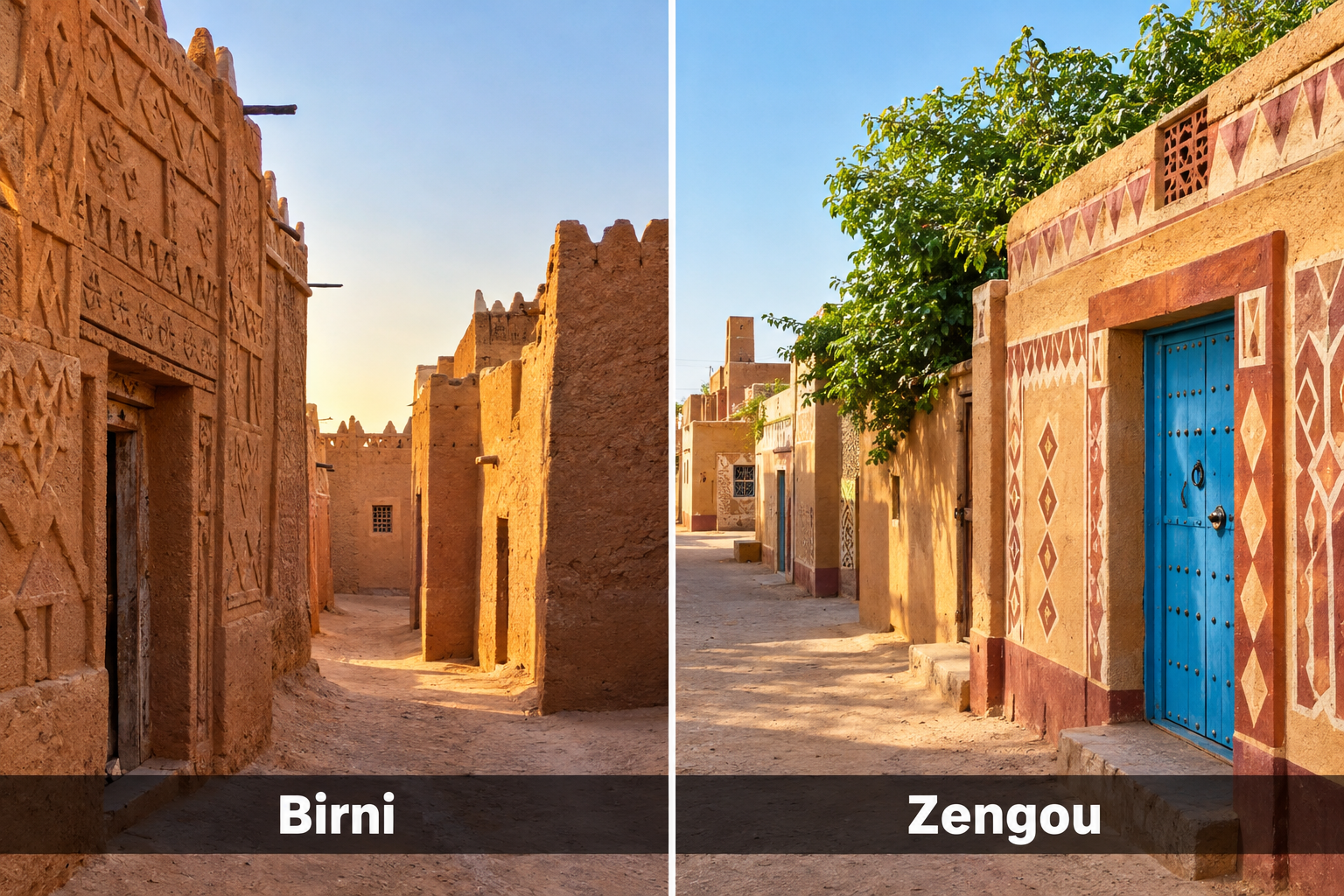 Bildcollage: Architektur und verantwortungsvolle Stadtbesichtigung in Zinder