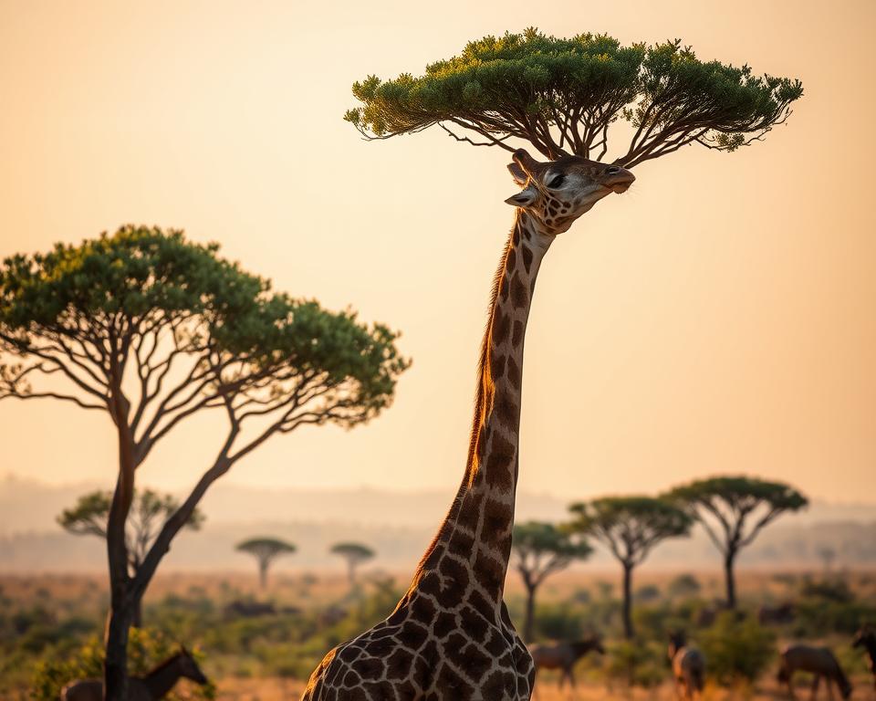 Giraffe frisst Blätter der Schirmakazie