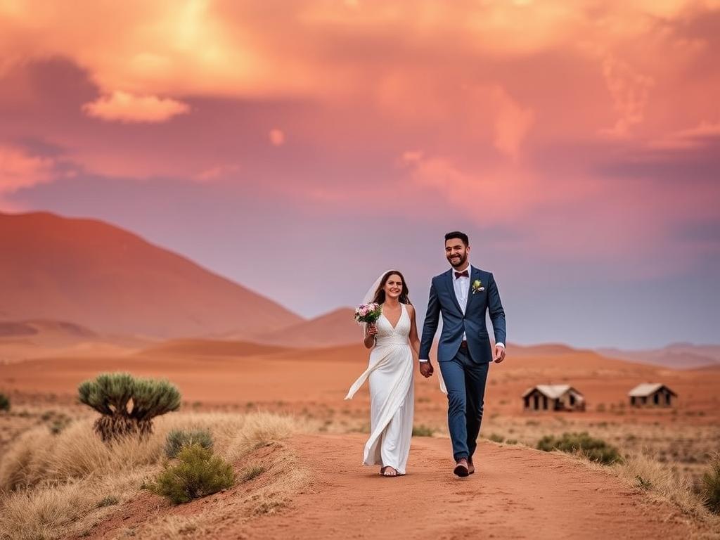 A bespoke Namibian journey unfolds, showcasing the country's captivating landscapes. In the foreground, a newly-married couple strolls hand-in-hand along a desert path, their expressions radiating joy and wonder. Towering dunes and a vibrant, cloudless sky fill the middle ground, hinting at the boundless adventures awaiting. In the background, a cluster of safari tents nestled among the rolling hills, promising a cozy, intimate retreat. Soft, warm lighting bathes the scene, evoking a sense of romantic tranquility. This custom-tailored Namibian honeymoon experience invites the viewer to embark on a journey of romance and discovery.