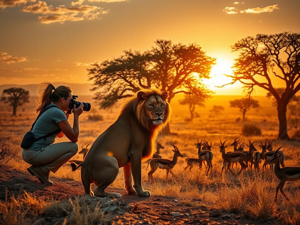 A breathtaking African landscape unfolds, the sun's golden rays casting a warm glow over the vast savanna. In the foreground, a skilled photographer crouches, her camera lens trained on a majestic lion, its powerful muscles rippling beneath its tawny coat. The mid-ground reveals a herd of graceful gazelles, their delicate movements captured in sharp detail, thanks to the precise focal length of the telephoto lens. In the distance, the silhouettes of towering acacia trees frame the scene, creating a sense of depth and drama. The overall mood is one of adventure, excitement, and a profound connection with the natural world, perfectly encapsulating the essence of safari photography.