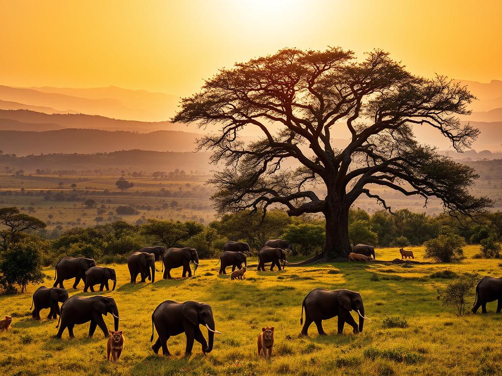 A breathtaking African safari adventure, captured in a wide-angle lens. In the foreground, a herd of majestic elephants roams through the lush, verdant savanna, their massive bodies silhouetted against the warm, golden light of the setting sun. In the middle ground, a pride of lions lounges under the shade of a towering acacia tree, their alert gazes scanning the horizon. The background is a panoramic vista of rolling hills and distant mountains, shrouded in a hazy, atmospheric mist. The scene is imbued with a sense of wonder and tranquility, inviting the viewer to immerse themselves in the enchanting world of an African safari.