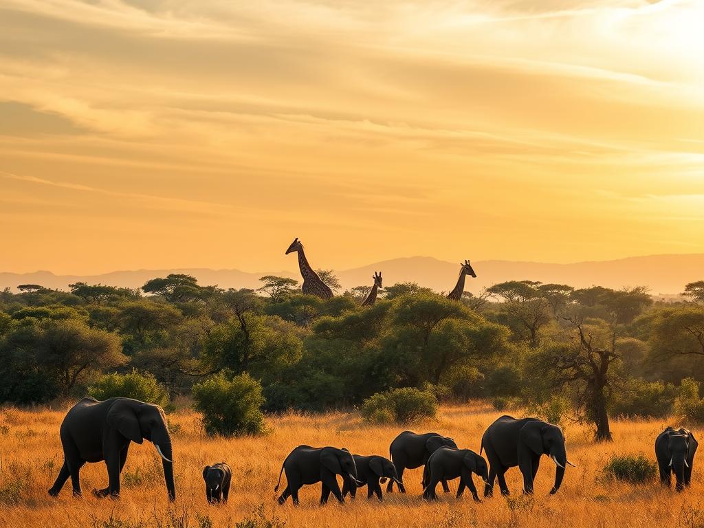 A breathtaking African safari landscape, with a diverse array of wildlife thriving in their natural habitat. In the foreground, a family of elephants peacefully grazes, their massive frames casting long shadows across the golden savanna. In the middle ground, a herd of graceful giraffes tower above the lush, verdant vegetation, their necks swaying as they browse the treetops. The background is filled with the dramatic silhouettes of acacia trees against a vibrant, sun-dappled sky, with wispy clouds drifting lazily overhead. The scene is bathed in warm, golden light, creating a serene and immersive atmosphere that transports the viewer to the heart of South Africa's untamed wilderness.