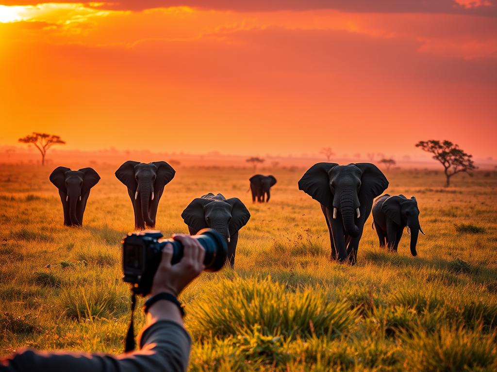 A breathtaking African savanna at golden hour, with a herd of majestic elephants majestically traversing the landscape. The warm, soft light caresses the animals, casting long shadows that dance across the lush, verdant grass. In the foreground, a skilled wildlife photographer, camera poised, expertly captures the scene through a telephoto lens, framing the elephants with a shallow depth of field to create a striking, artistic composition. The background is hazy and atmospheric, with distant acacia trees and a vibrant, fiery sky that illuminates the entire tableau. This captivating image perfectly encapsulates the art of safari photography, where the interplay of light, subject, and technique come together to create a truly awe-inspiring moment.