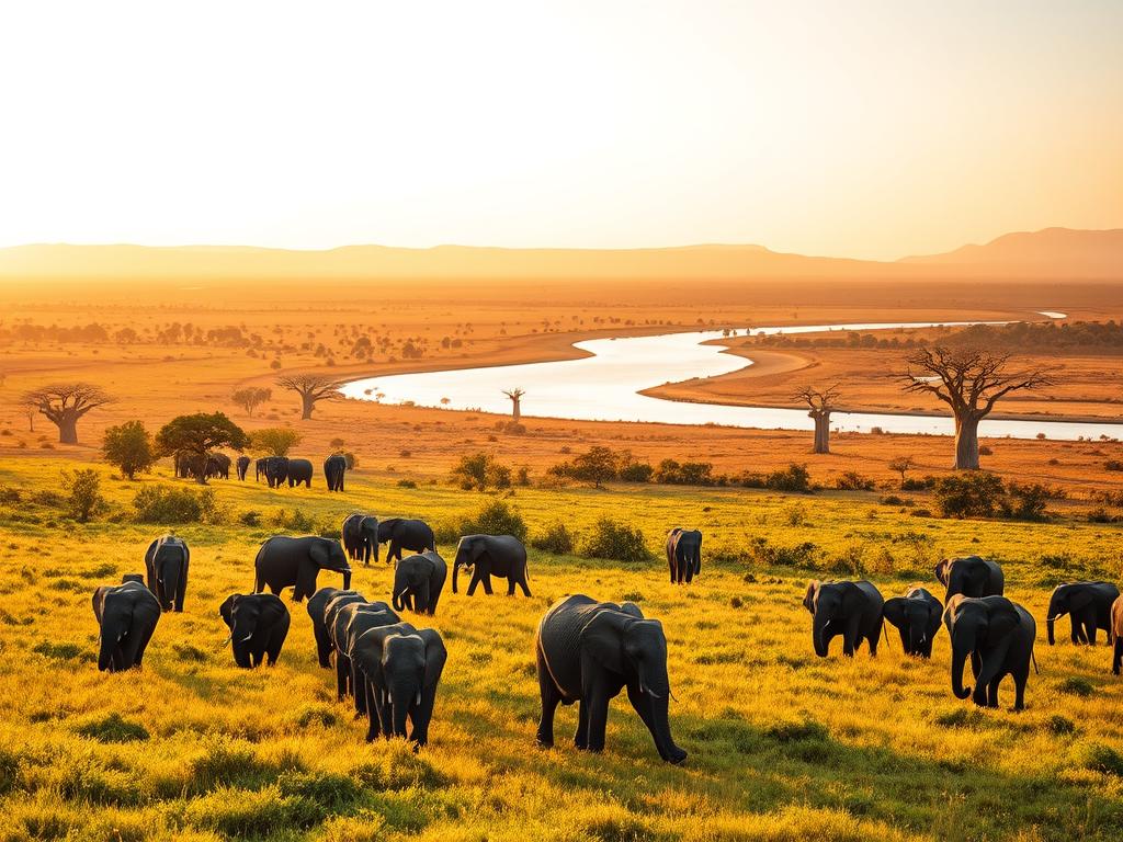 A breathtaking landscape of the Chobe National Park in Botswana. In the foreground, a herd of majestic elephants roam the lush, verdant grasslands, their trunks swaying gracefully. In the middle ground, the winding Chobe River reflects the golden light of the setting sun, its banks dotted with towering baobab trees. In the distance, the rugged Kalahari Desert unfolds, its warm hues creating a stunning backdrop. The scene is bathed in a soft, warm glow, conveying a sense of tranquility and the natural wonders of this captivating region. Captured through a wide-angle lens, this image showcases the diverse and awe-inspiring regional highlights of the Chobe Nationalpark.