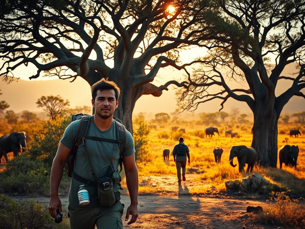 A breathtaking off-the-beaten-path adventure unfolds in the heart of Africa. A lone adventurer traverses a rugged landscape, surrounded by towering baobab trees and the vibrant hues of the savanna. Shafts of warm, golden light filter through the canopy, casting a magical glow on the scene. In the distance, a herd of majestic elephants grazes, a testament to the untamed splendor of this untouched wilderness. The adventurer's expression is one of pure wonder, capturing the essence of an unforgettable, individualized journey. This is a world where the extraordinary is the norm, where every step reveals a new wonder to behold.