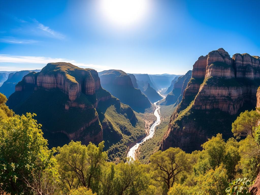 A breathtaking panorama of the Blyde River Canyon in South Africa, showcasing the iconic Three Rondavels rock formations. The towering quartzite cliffs rise majestically against a vibrant blue sky, bathed in warm, golden sunlight. In the foreground, lush, verdant foliage frames the scene, creating a sense of depth and contrast. The river winds its way through the canyon, sparkling in the light. The perspective captures the grandeur and scale of this natural wonder, inviting the viewer to immerse themselves in the rugged, untamed beauty of the Panorama Route. A striking, cinematic scene that captures the essence of the Blyde River Canyon and the Three Rondavels.
