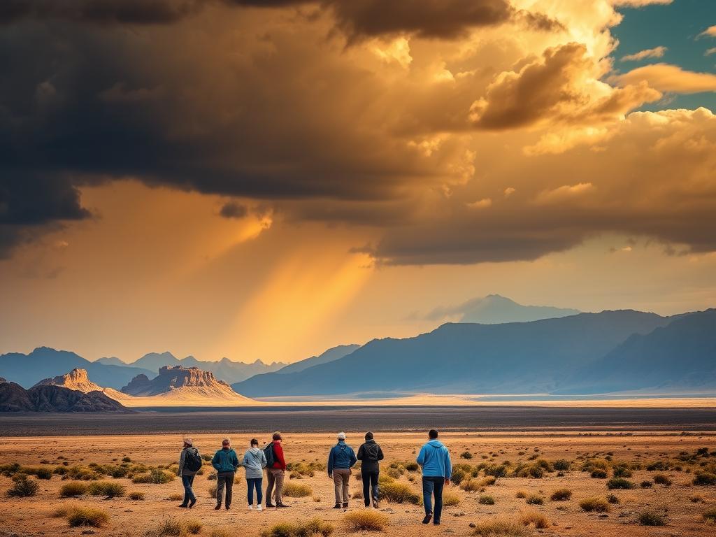 A breathtaking safari landscape in Namibia, showcasing the diverse weather conditions and clothing recommendations. In the foreground, a group of travelers explores the arid terrain, dressed in lightweight, breathable fabrics suitable for the warm, sunny day. In the middle ground, dark storm clouds gather, hinting at the unpredictable rainy season. The background features rugged mountains and a vast, open sky, bathed in the golden glow of the setting sun. The scene captures the essence of Namibia's dynamic climate, inviting viewers to consider the appropriate attire for their own safari adventure. A breathtaking safari landscape in Namibia, showcasing the diverse weather conditions and clothing recommendations. In the foreground, a group of travelers explores the arid terrain, dressed in lightweight, breathable fabrics suitable for the warm, sunny day. In the middle ground, dark storm clouds gather, hinting at the unpredictable rainy season. The background features rugged mountains and a vast, open sky, bathed in the golden glow of the setting sun. The scene captures the essence of Namibia's dynamic climate, inviting viewers to consider the appropriate attire for their own safari adventure.