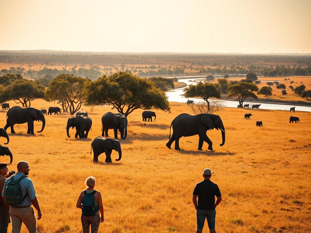 A breathtaking safari scene in the heart of the Chobe National Park, Botswana. In the foreground, a group of adventurous travelers stand in awe, observing a herd of majestic elephants grazing peacefully against the backdrop of a golden savanna. The middle ground is dotted with acacia trees, casting long shadows as the warm afternoon sun filters through. In the distance, a shimmering river winds its way, attracting a diverse array of wildlife. The overall atmosphere is one of tranquility and wonder, capturing the essence of an immersive safari experience. Captured with a wide-angle lens, the image invites the viewer to step into the scene and immerse themselves in the rich tapestry of the Chobe National Park.