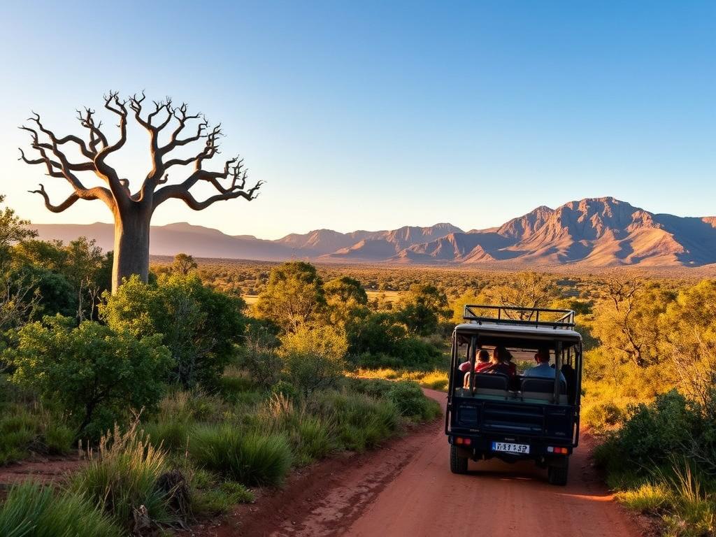 A breathtaking safari through the Kruger National Park in South Africa. In the foreground, a jeep navigates a dusty path, passengers scanning the lush, verdant landscape for glimpses of wildlife. Towering baobab trees and acacia dotting the middle ground, their twisted silhouettes casting long shadows in the warm, golden afternoon light. In the distance, the rugged Drakensberg mountains rise majestically, their jagged peaks reaching towards a bright, azure sky. The air is thick with the scent of wild sage and the distant calls of exotic birds. A sense of adventure and exploration permeates the scene, inviting the viewer to join this captivating safari experience. A breathtaking safari through the Kruger National Park in South Africa. In the foreground, a jeep navigates a dusty path, passengers scanning the lush, verdant landscape for glimpses of wildlife. Towering baobab trees and acacia dotting the middle ground, their twisted silhouettes casting long shadows in the warm, golden afternoon light. In the distance, the rugged Drakensberg mountains rise majestically, their jagged peaks reaching towards a bright, azure sky. The air is thick with the scent of wild sage and the distant calls of exotic birds. A sense of adventure and exploration permeates the scene, inviting the viewer to join this captivating safari experience.