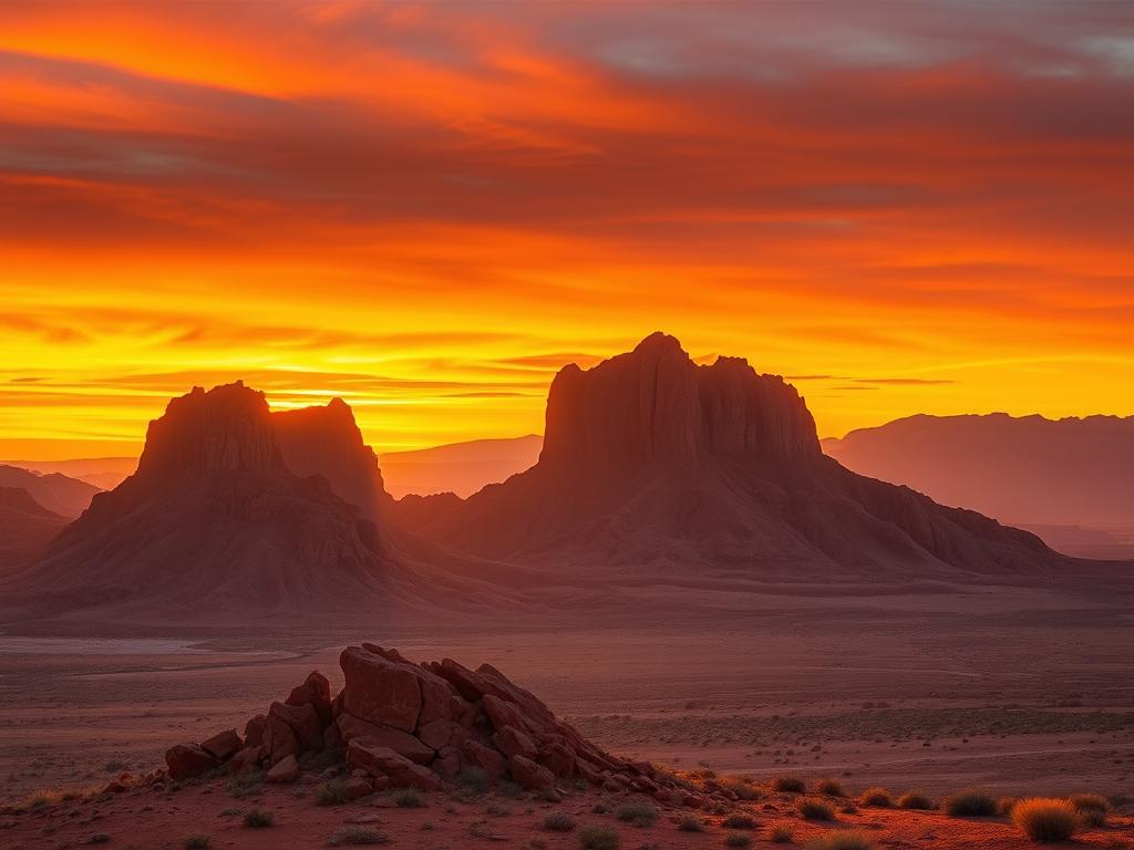 A breathtaking sunset over the iconic Spitzkoppe rock formations in Namibia. The sky ablaze with warm hues of orange, red, and gold, reflecting off the rugged, weathered granite peaks that rise dramatically from the desert landscape. In the foreground, the rocky outcrops cast long, dramatic shadows, creating a sense of depth and perspective. The lighting is soft and diffused, creating a serene, almost ethereal atmosphere. The camera is positioned to capture the majestic silhouettes of the mountains against the vibrant, fiery sky, with a shallow depth of field to emphasize the stunning natural beauty of this geological wonder.