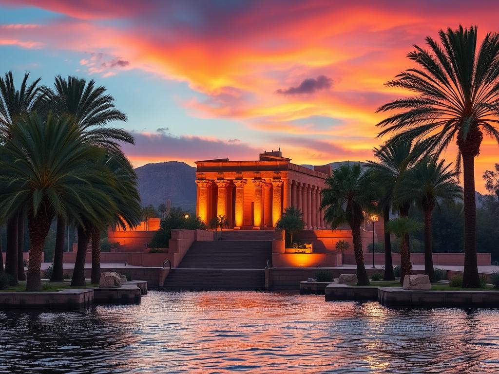 A breathtaking vista of the iconic Luxor Temple, its grand columns and towering obelisks bathed in the warm glow of the setting sun. Lush palm trees sway gently in the breeze, framing the majestic scene. In the foreground, the shimmering waters of the Nile River reflect the vibrant hues of the sky, creating a sense of tranquility and timelessness. The ornate architecture and rich history of this ancient city, once the capital of Egypt, radiate a palpable sense of mystique and wonder. This is Luxor, the heart of Egypt, a place where the grandeur of the past and the allure of the present converge to captivate the senses.