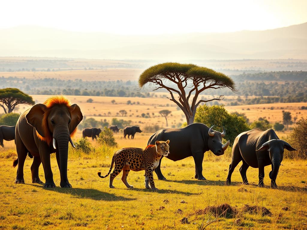 A breathtaking wildlife scene in the Hluhluwe-iMfolozi Park, South Africa. In the foreground, the majestic Big Five animals - a lion, elephant, leopard, rhinoceros, and buffalo - stand in a serene, sun-dappled clearing. Their powerful forms are captured in vivid detail, conveying the raw, untamed essence of the African savanna. The middle ground features a lush, verdant landscape dotted with acacia trees and tall grasses, while the background is dominated by a panoramic view of the rolling hills and distant mountains. The warm, golden light filters through the scene, creating a sense of timeless tranquility and a connection with the natural world. This image perfectly encapsulates the thrill of wildlife observation in the Hluhluwe-iMfolozi Park.