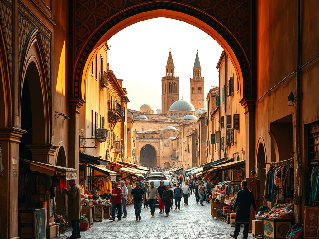 A bustling historical town square in the ancient medina of Fès, Morocco. Ornate archways and intricate tilework frame the scene, casting warm golden hues across the narrow cobblestone streets. In the foreground, local merchants peddle their wares from colorful stalls, creating a vibrant and lively atmosphere. The middle ground features towering minarets and domes of historic mosques, their architectural details meticulously rendered. The background recedes into a hazy, sun-dappled maze of traditional clay-brick buildings, hinting at the timeless charm of this UNESCO World Heritage site. A sense of timeless wonder and cultural immersion permeates the image, inviting the viewer to explore the storied past of this Moroccan gem.