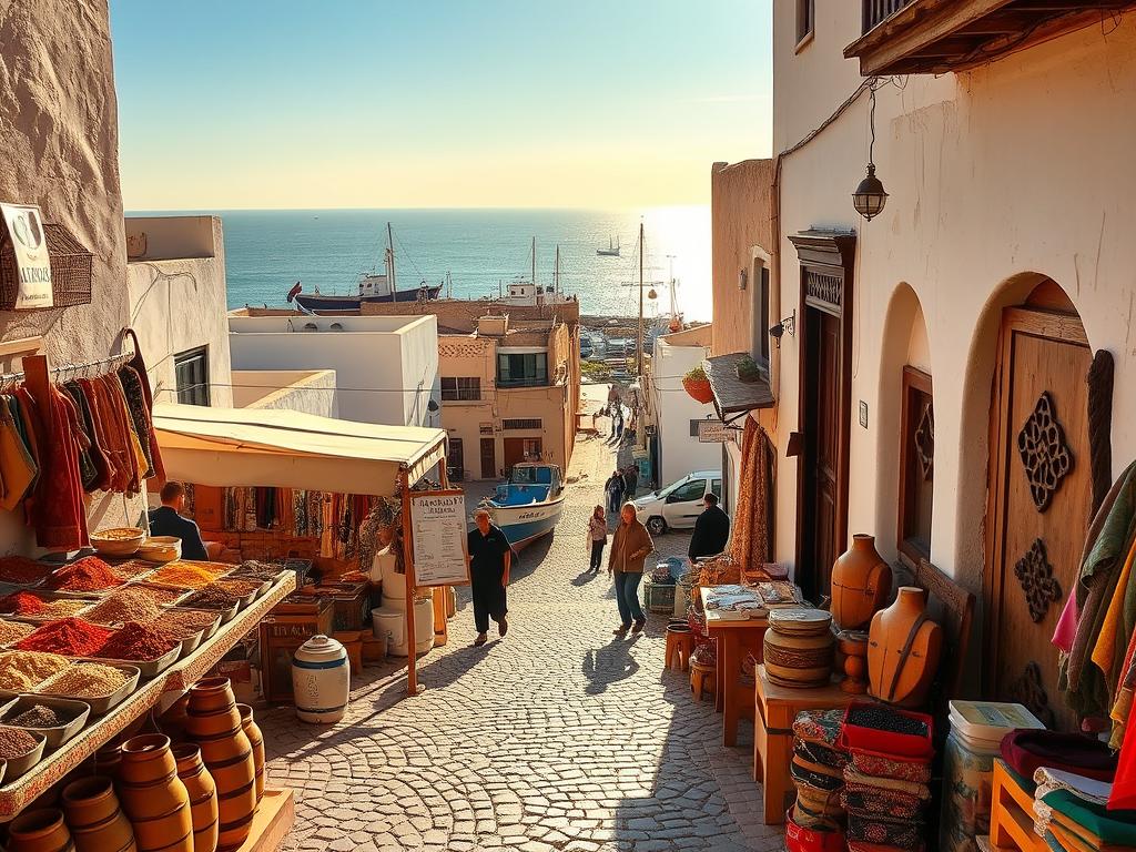 A bustling marketplace in the picturesque Moroccan town of Essaouira, bathed in warm, golden sunlight. In the foreground, a vibrant display of local spices, handcrafted leather goods, and colorful textiles beckons passersby. The middle ground reveals charming cobblestone streets lined with whitewashed buildings, their intricately carved wooden doors and windows reflecting the town's rich heritage. In the background, the iconic blue-and-white fishing boats bob gently in the harbor, with the majestic Atlantic Ocean providing a serene backdrop. The scene exudes a sense of authentic Moroccan culture and offers a glimpse into the practical travel tips for exploring the delights of Essaouira. A bustling marketplace in the picturesque Moroccan town of Essaouira, bathed in warm, golden sunlight. In the foreground, a vibrant display of local spices, handcrafted leather goods, and colorful textiles beckons passersby. The middle ground reveals charming cobblestone streets lined with whitewashed buildings, their intricately carved wooden doors and windows reflecting the town's rich heritage. In the background, the iconic blue-and-white fishing boats bob gently in the harbor, with the majestic Atlantic Ocean providing a serene backdrop. The scene exudes a sense of authentic Moroccan culture and offers a glimpse into the practical travel tips for exploring the delights of Essaouira.
