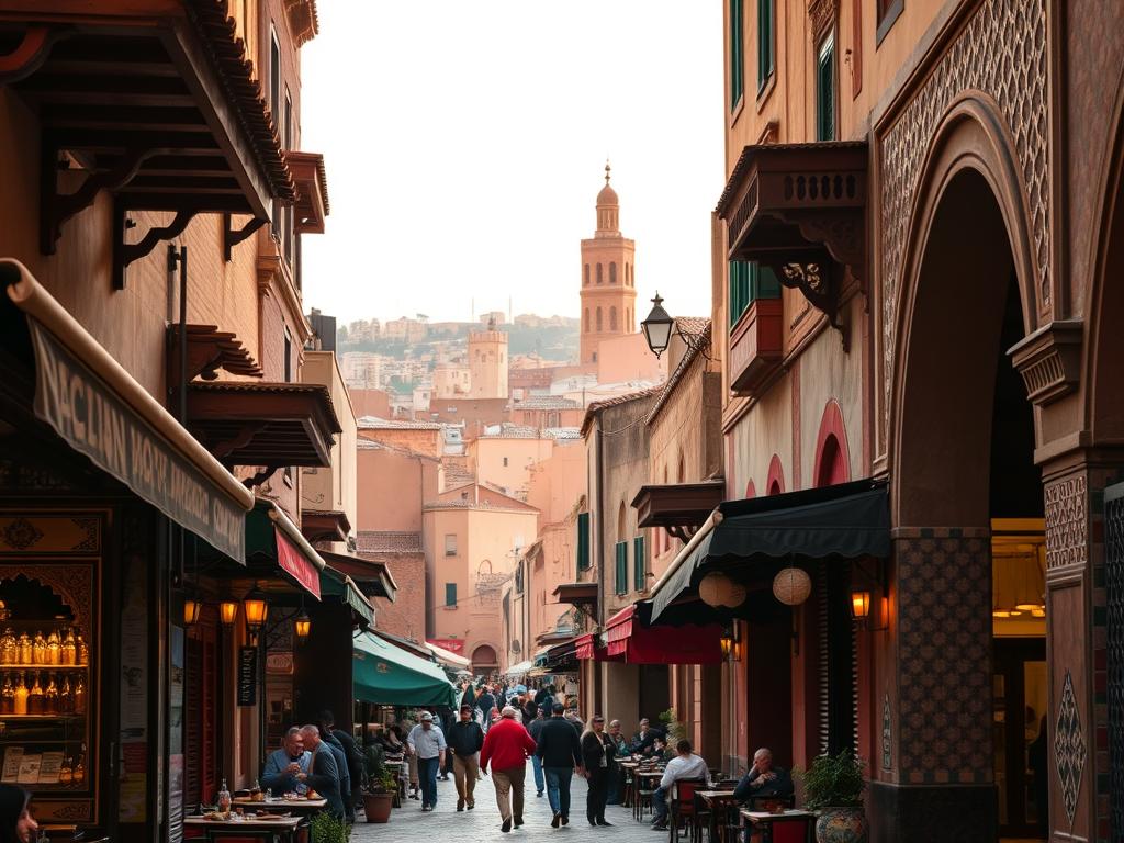 A bustling medina in Fès, Morocco, where traditional restaurants and charming cafés line the winding alleyways. Vibrant yet serene, the scene captures the essence of Moroccan culinary heritage. In the foreground, ornately decorated shopfronts beckon passersby with the enticing aromas of freshly brewed mint tea and fragrant spices. Intricate tilework and ornamental archways frame the middle ground, hinting at the rich cultural tapestry of the ancient city. Distant rooftops and minarets rise above, bathed in the warm, golden glow of the Moroccan sun, creating a captivating atmosphere of timelessness and authenticity.