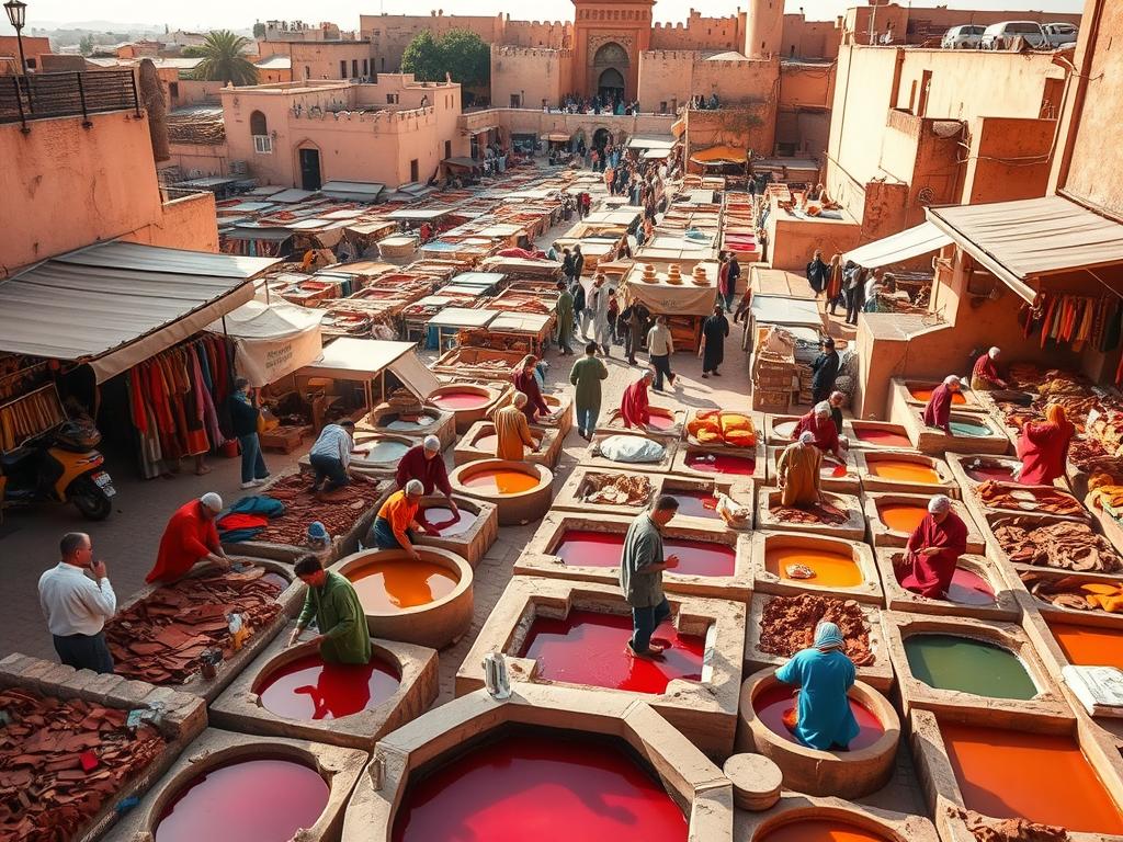 A bustling outdoor tannery in the historic Medina of Fès, Morocco. In the foreground, leatherworkers expertly hand-dye vibrant vats of leather in traditional earthen pools, their colorful robes and busy movements creating a captivating scene. In the middle ground, a maze of alleyways lined with small shops selling handcrafted goods and spices, bustling with local patrons and curious tourists. In the background, the ancient walls and architectural details of the historic city, bathed in warm, golden afternoon light. An authentic, sensory-rich depiction of the renowned Gerbereien Fès, showcasing the enduring artisanal traditions that have defined this iconic Moroccan locale for centuries.